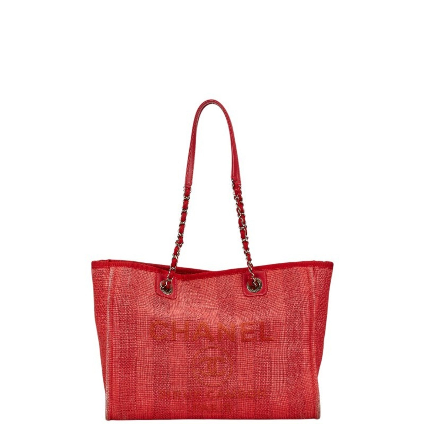 CHANEL Deauville Tote MM Coco Mark Chain Bag in Red Canvas and Leather