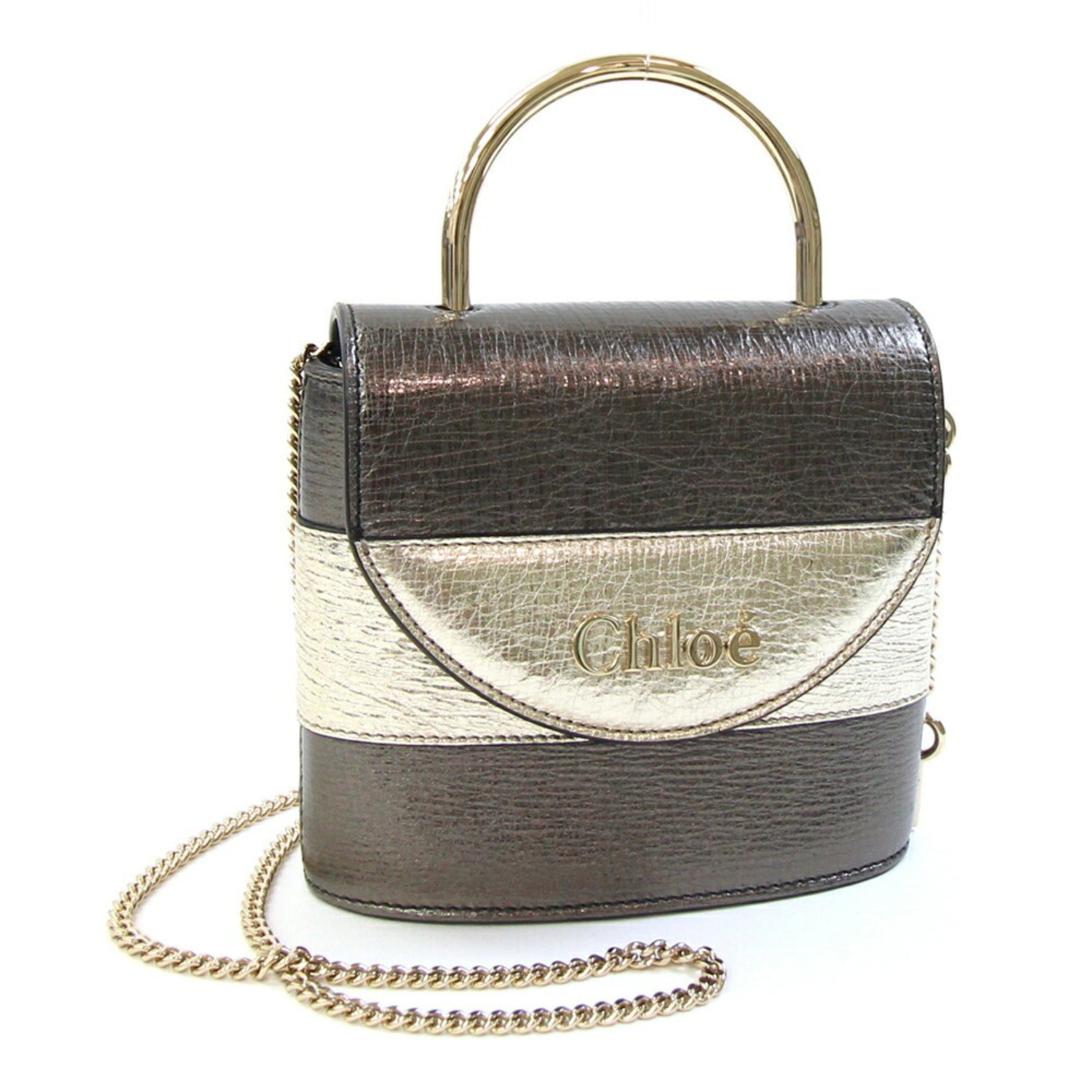 Chloé Chloe Abbey Rock Handbag, Metallic Gray and Silver Leather Shoulder Bag with Chain, Two-Tone Design
