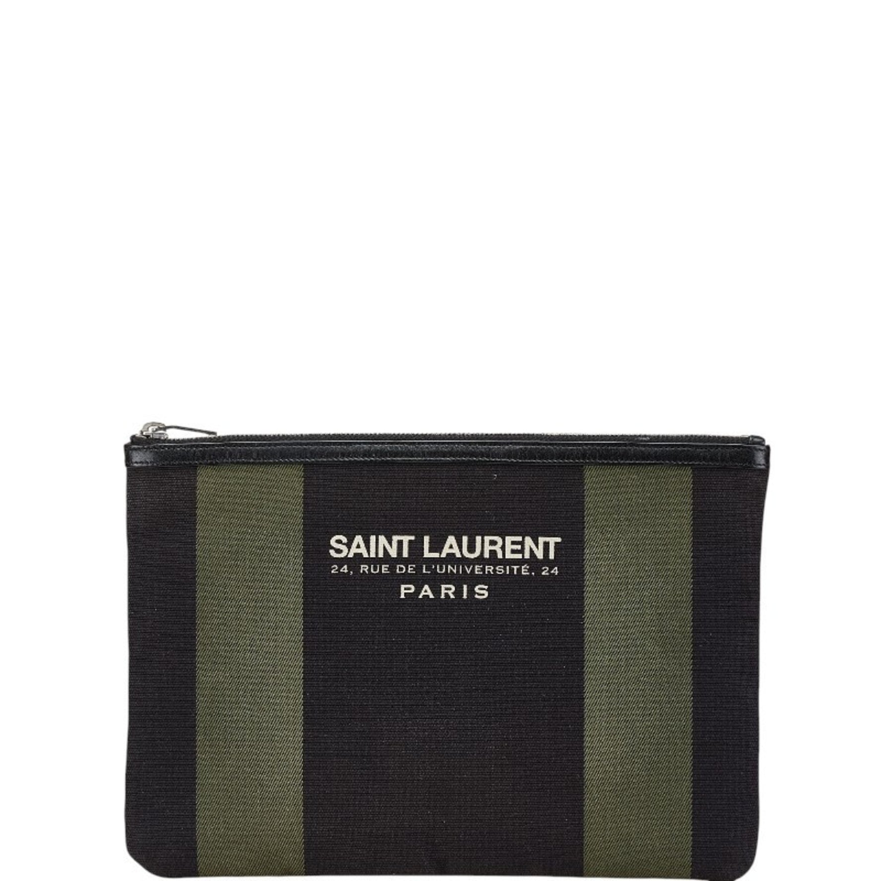 Saint Laurent Clutch Bag Pouch Black Khaki Canvas Leather