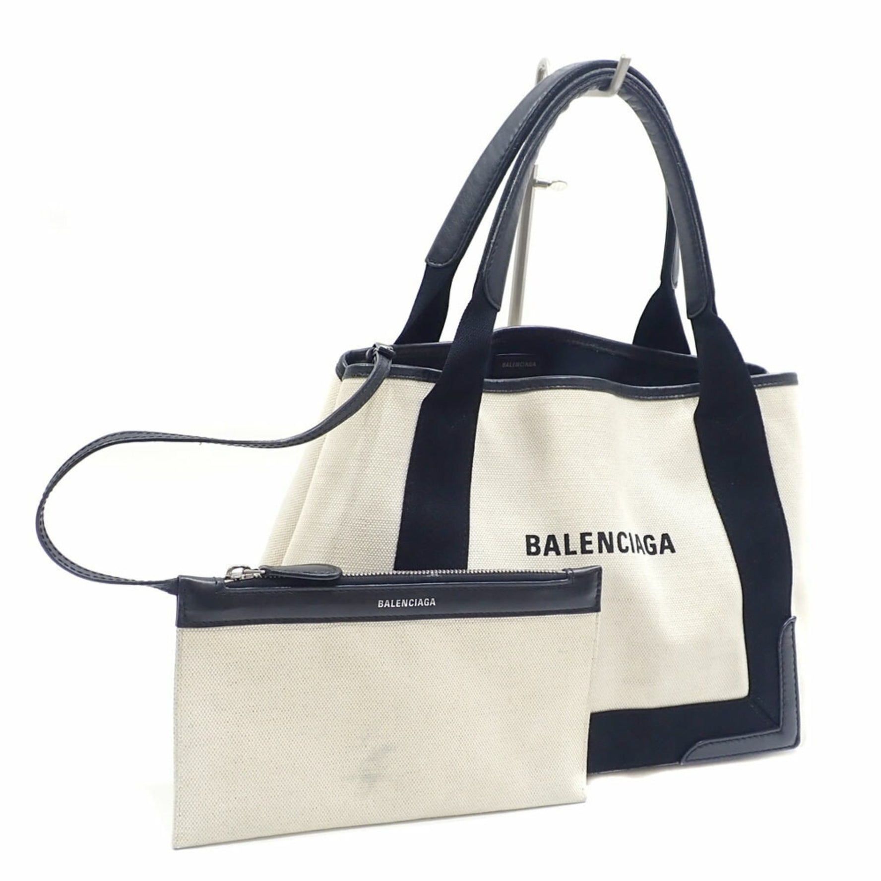 Balenciaga Navy Cabas S Tote Bag, White, Black, Cotton, Leather