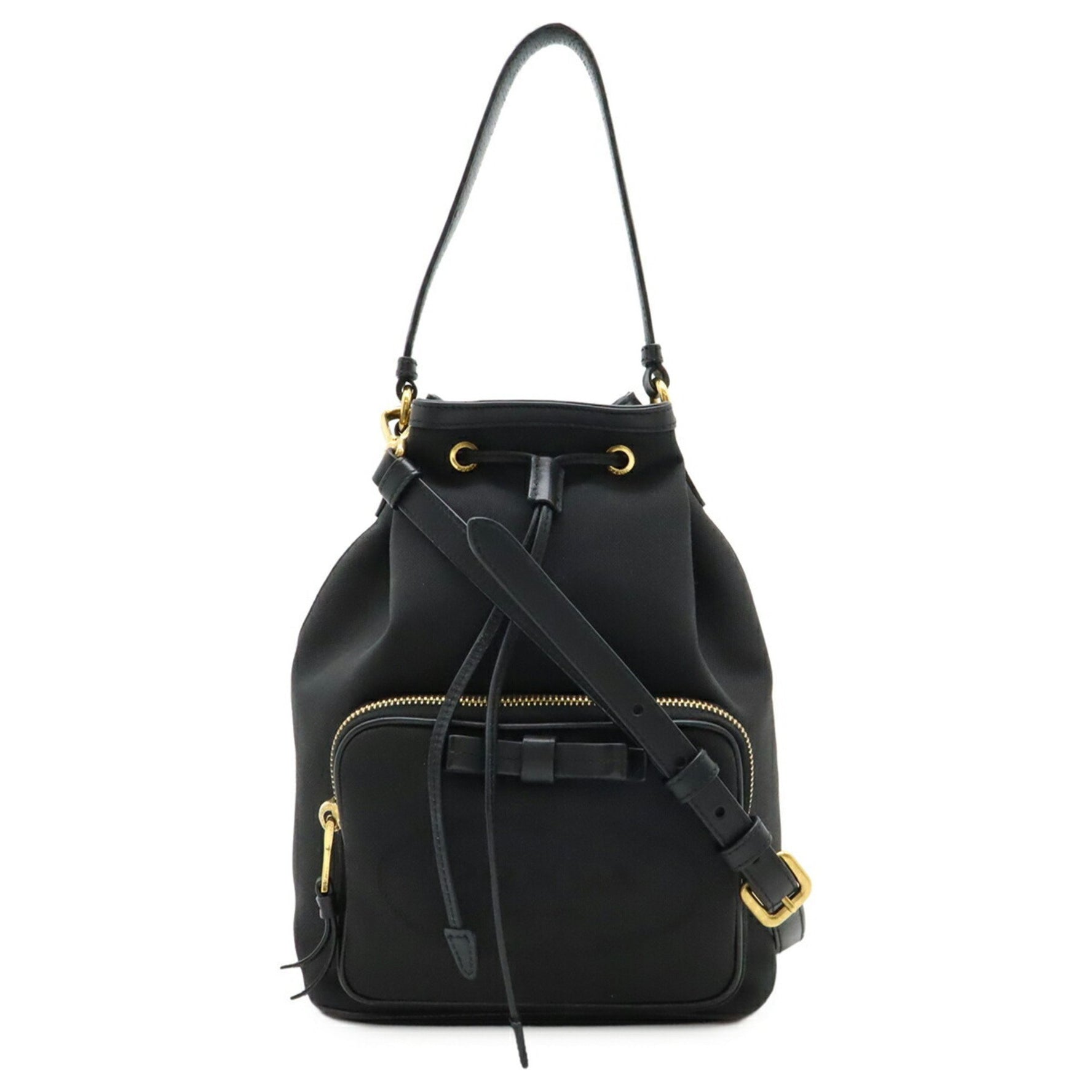 PRADA Jacquard Handbag Bucket Bag Shoulder Canvas NERO Black Purchased at Japan Outlet