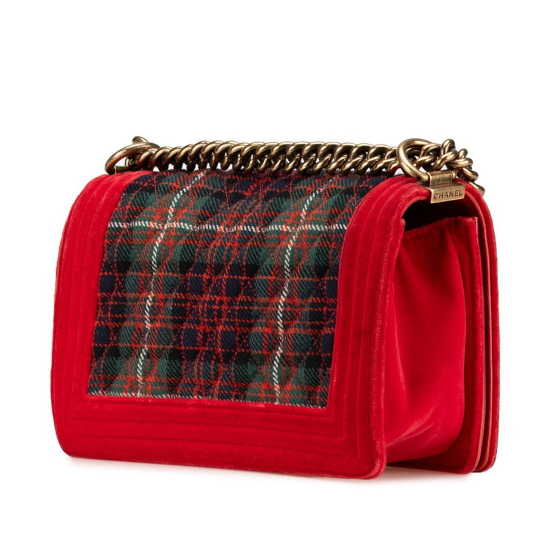 Chanel Matelasse Boy Coco Mark Chain Shoulder Bag Red Green Velour Leather