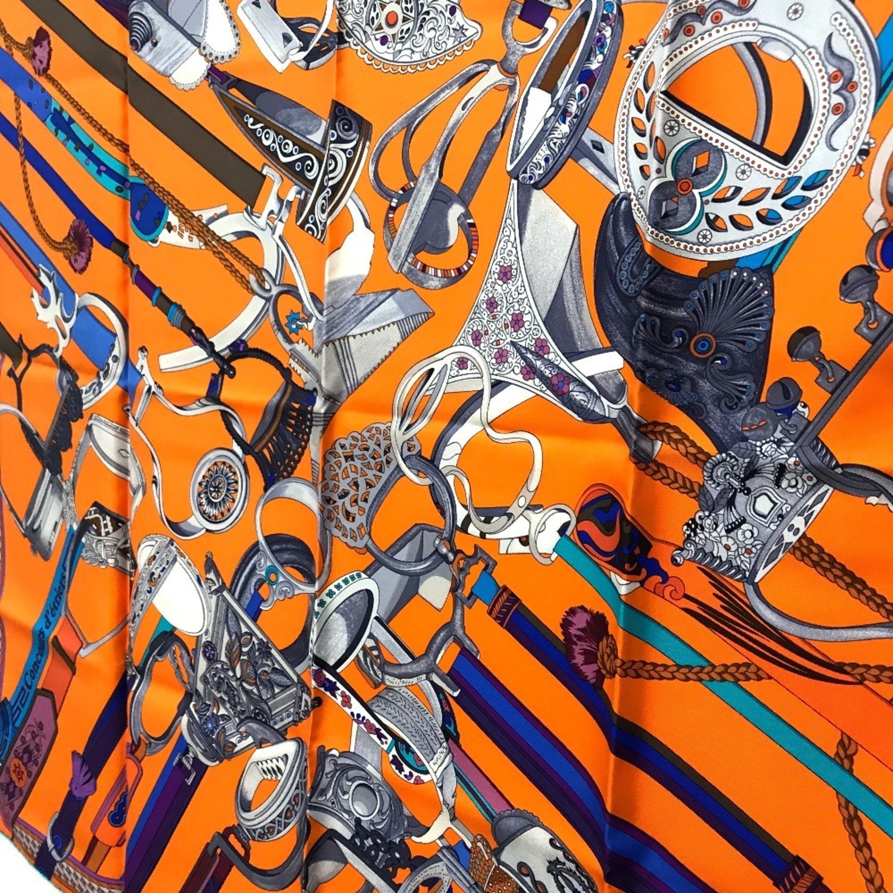 HERMES Concours detriers Carré 90 Scarf, Silk, Orange, Purple, and Blue, Like New