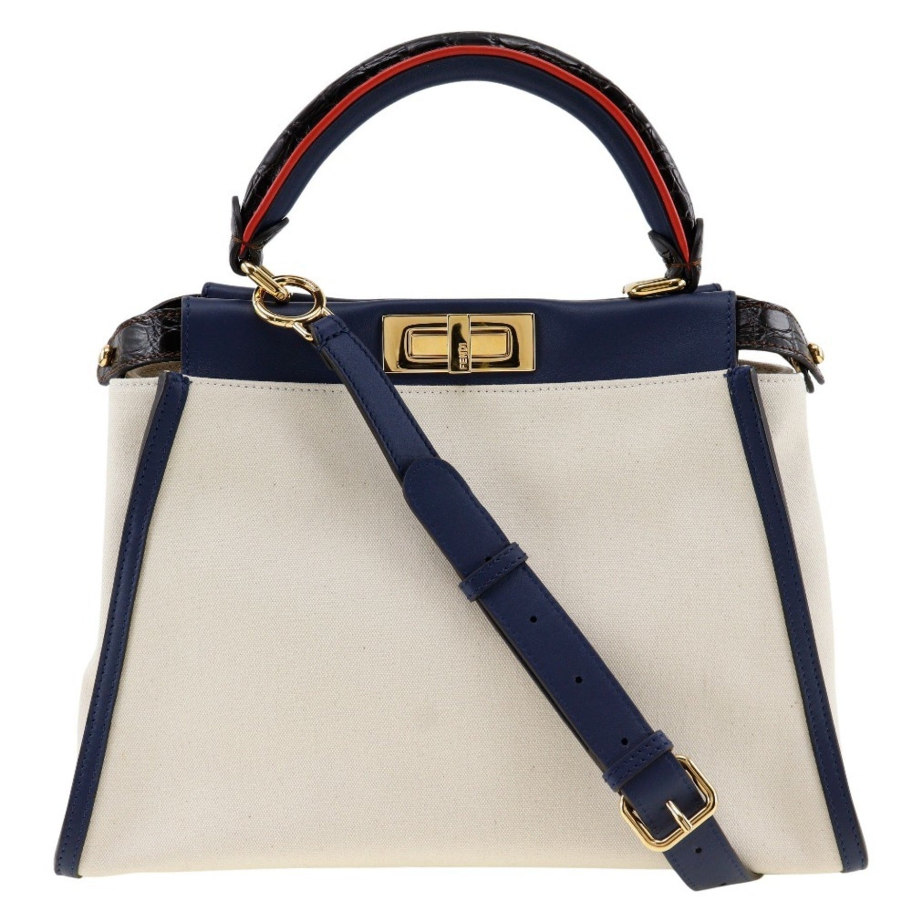 FENDI Peekaboo handbag shoulder bag canvas x calfskin white/navy turn lock