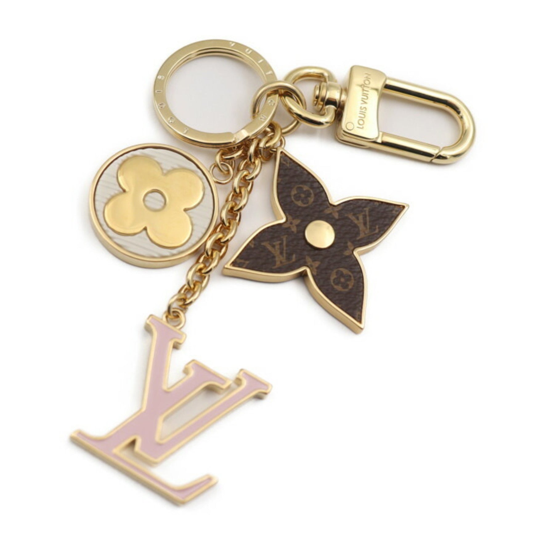 Louis Vuitton Spring Street Keychain Metal Gold Brown Pink White LV Monogram Flower Keyring Bag Charm