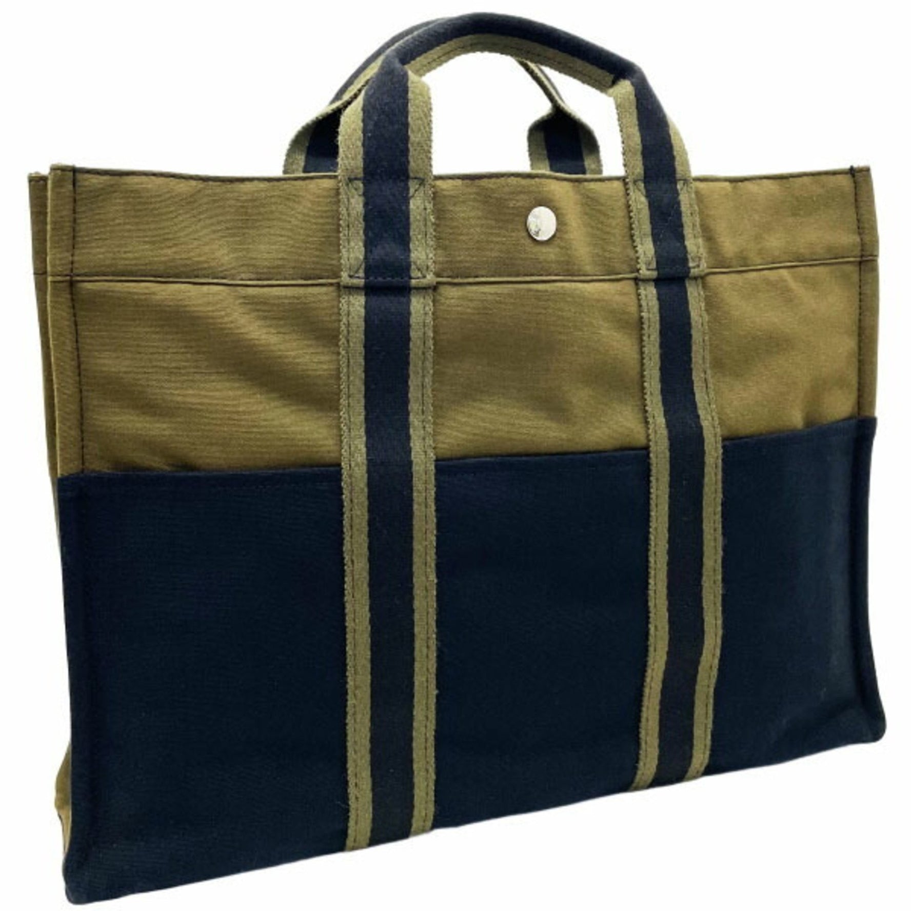Hermes Tote Bag Foule MM Canvas Khaki Green Black Bicolor Handbag Unisex