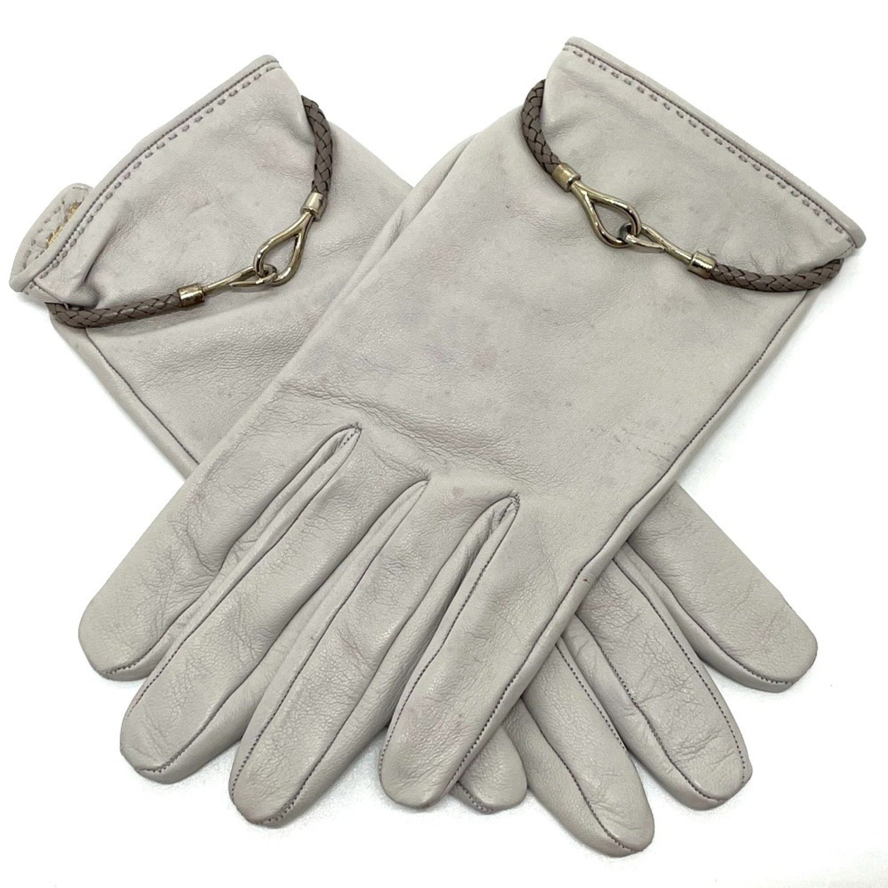 HERMES Jumbo Hook Motif Gloves Leather Light Gray