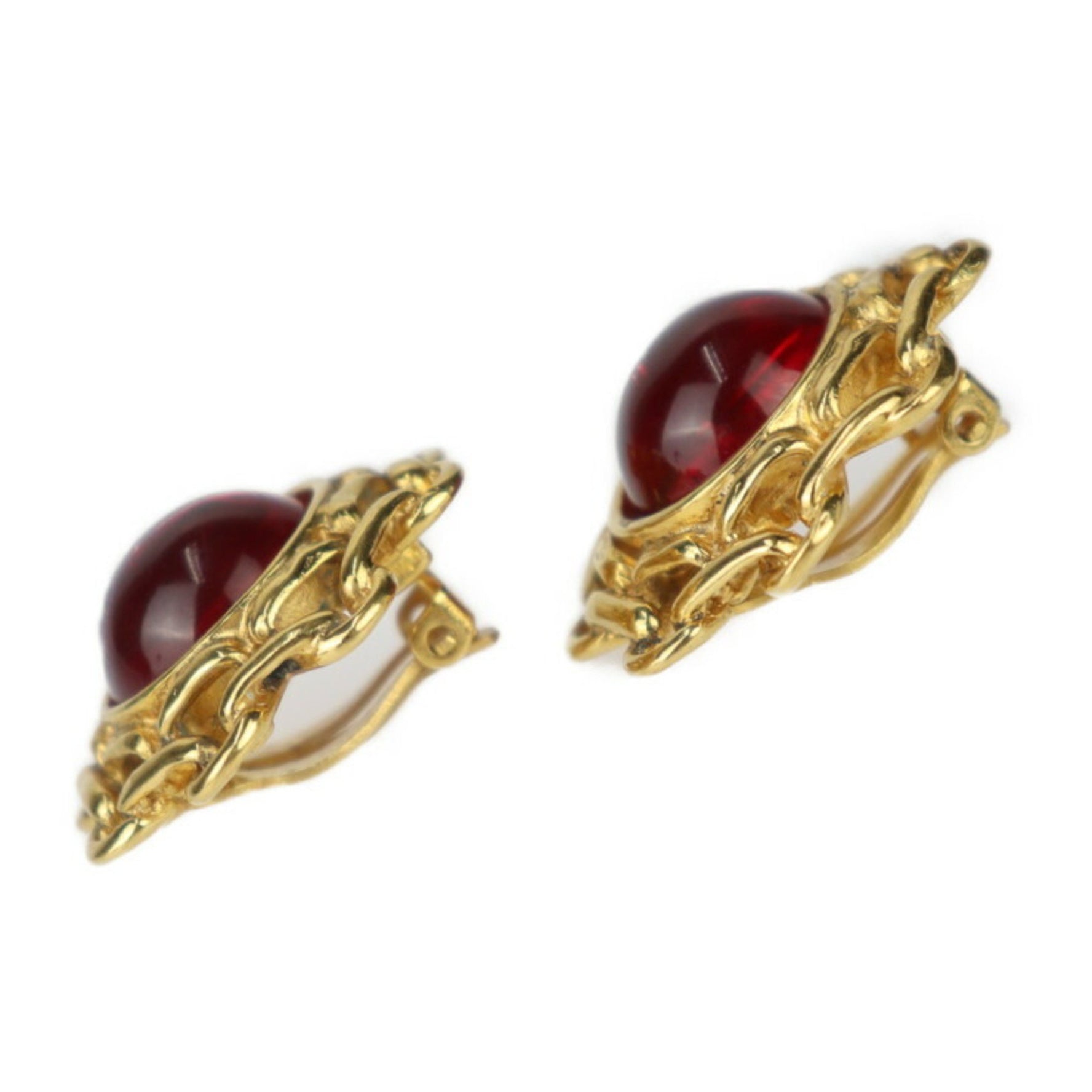 CHANEL Gripoa Round Earrings - Metal Bijou Gold Red Clip-on
