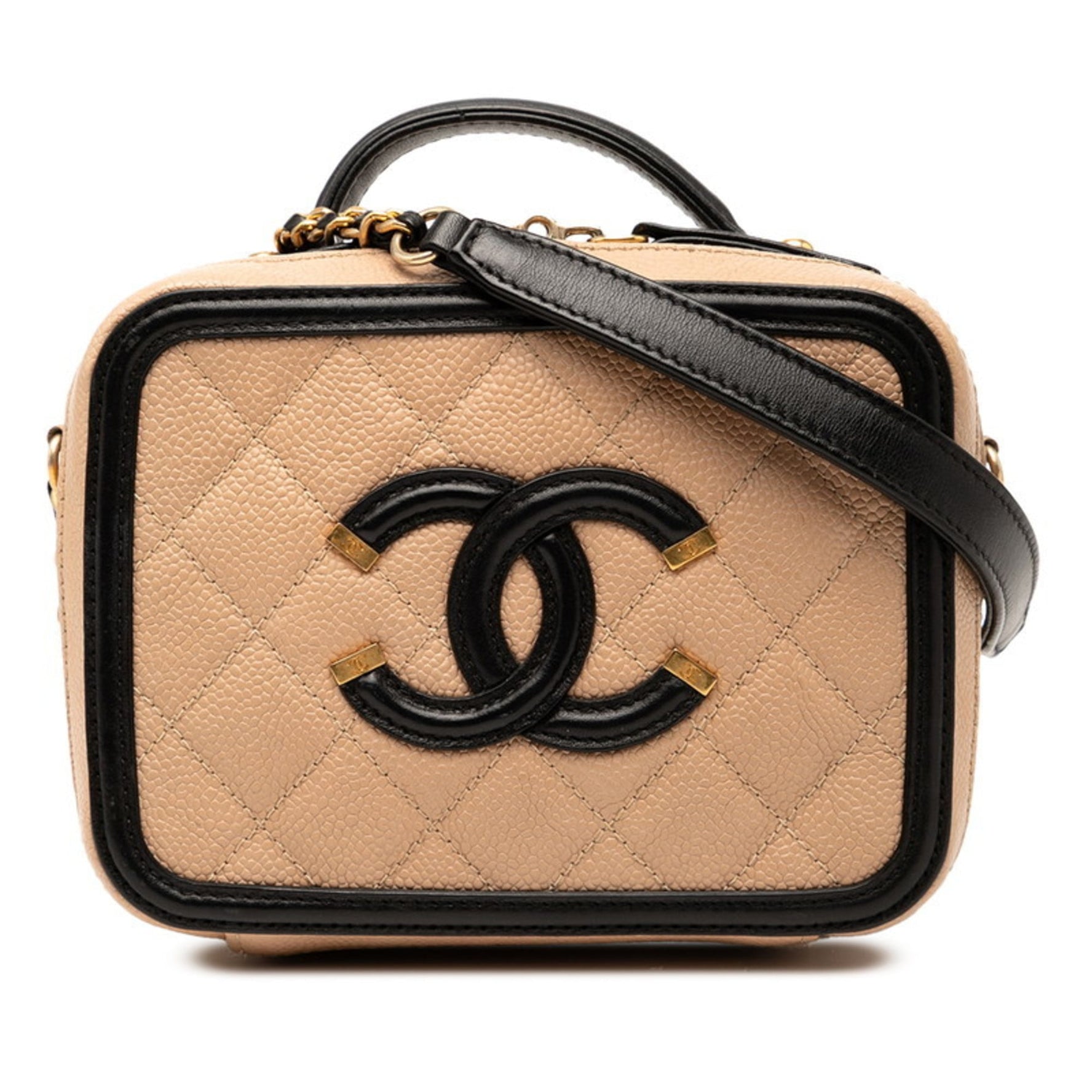 CHANEL Coco Mark Matelasse CC Filigree Chain Shoulder Bag in Beige and Black Caviar Skin
