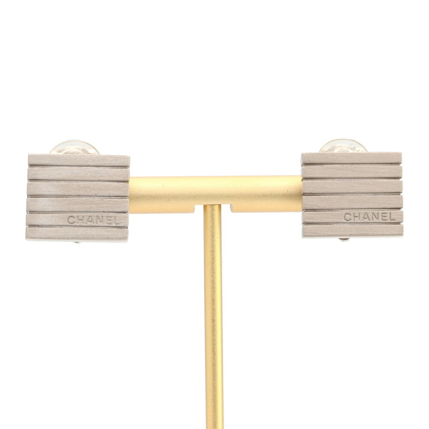 Chanel Earrings Silver Metal 1999 Model Ear Square Stripe