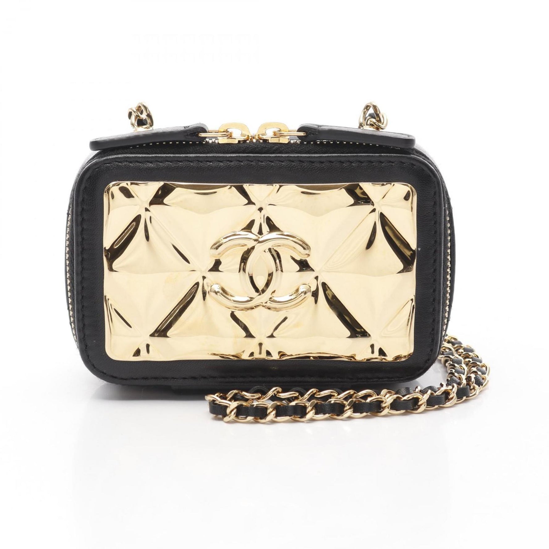 CHANEL Matelasse Vanity Mini Business Card Holder/Card Case Shoulder Bag Lambskin (Sheepskin) Black Gold