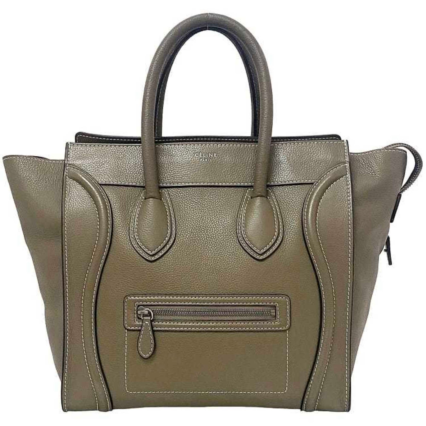 Celine Tote Bag Luggage Shopper Beige Gray Leather Stitch Ladies