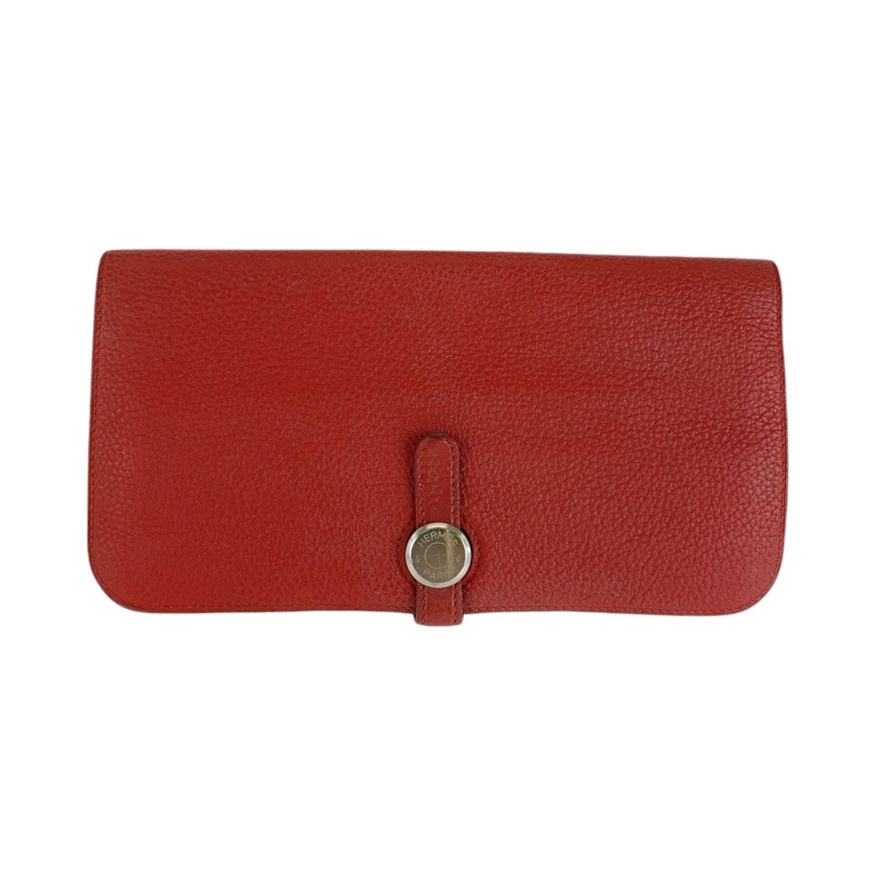 HERMES Dogon Long Wallet in Rouge Grenat Red with Silver Hardware, Togo Leather, R Stamp