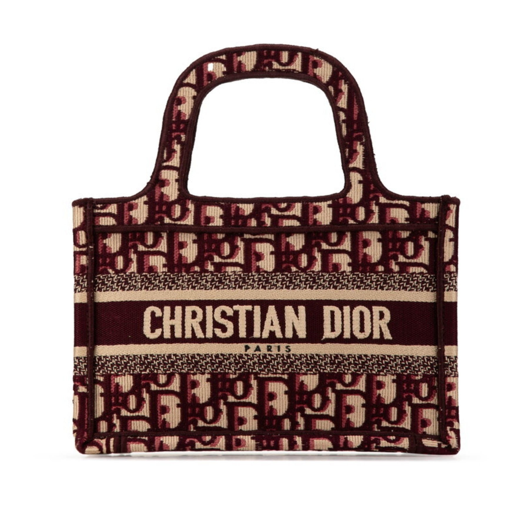 Christian Dior Dior Lady Oblique Embroidery Mini Book Tote Bag Handbag Wine Red Beige Canvas
