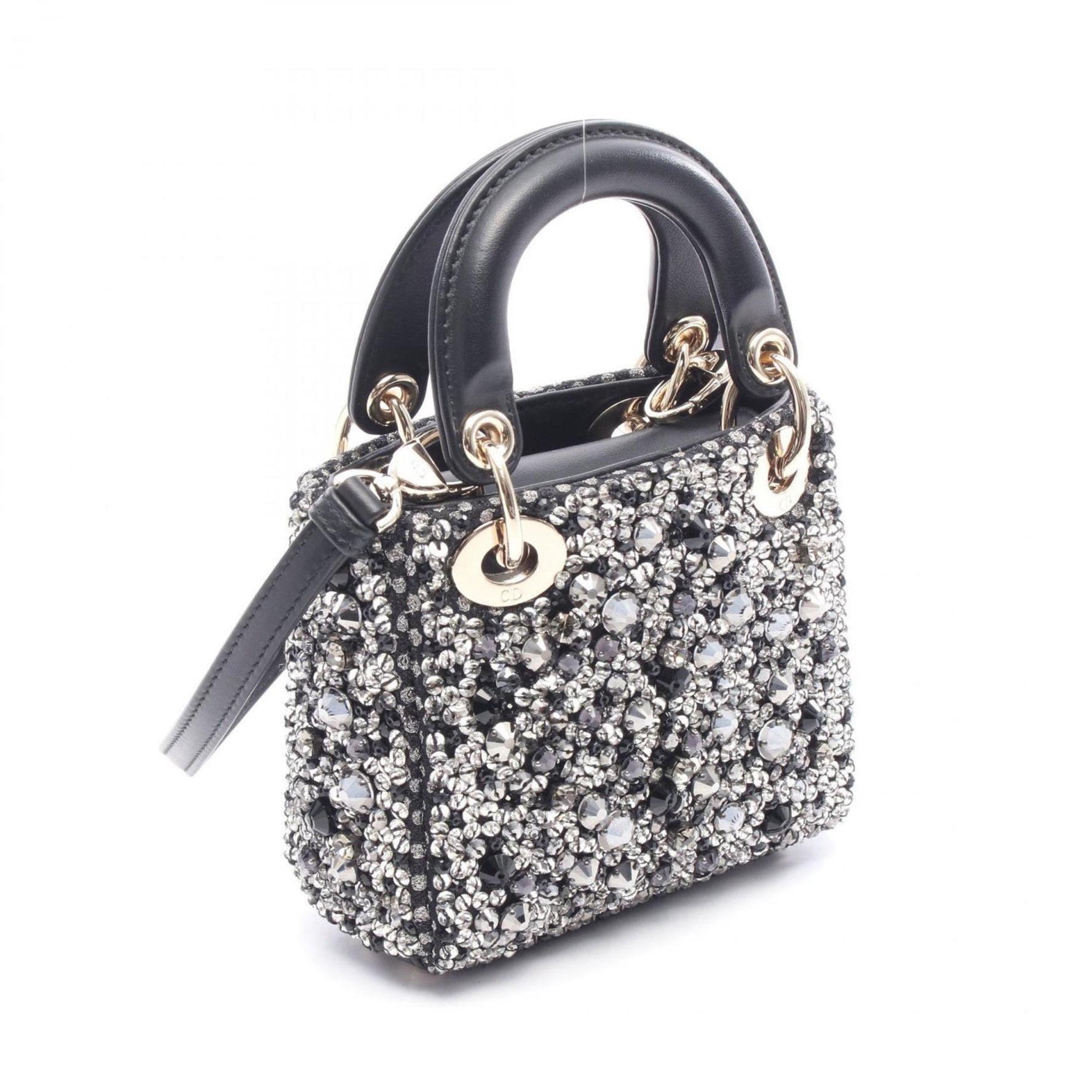 Christian Dior Dior Lady Micro Handbag Leather Rhinestone Bag Black / Clear Silver