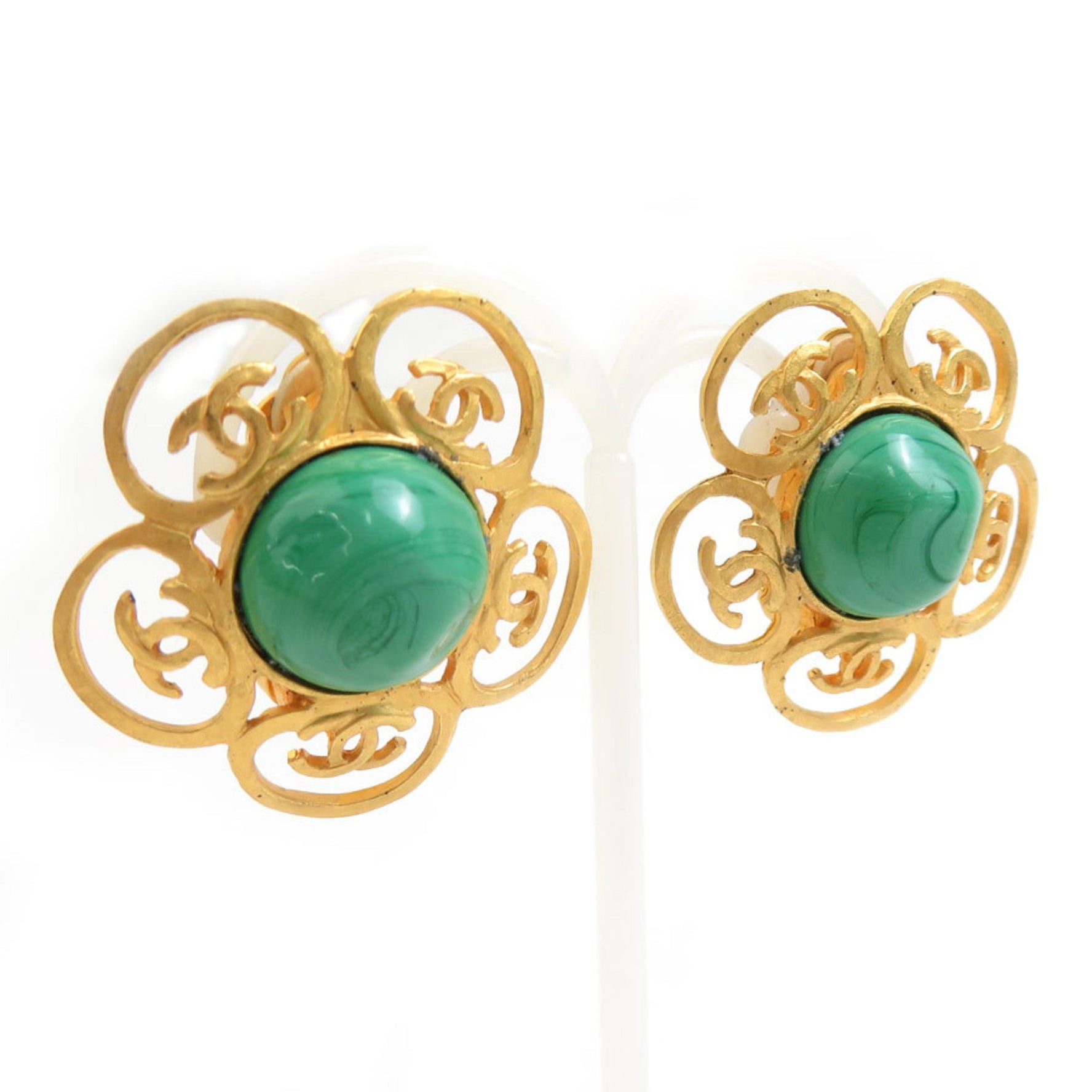 CHANEL Coco Mark Metal Stone Earrings in Gold and Green