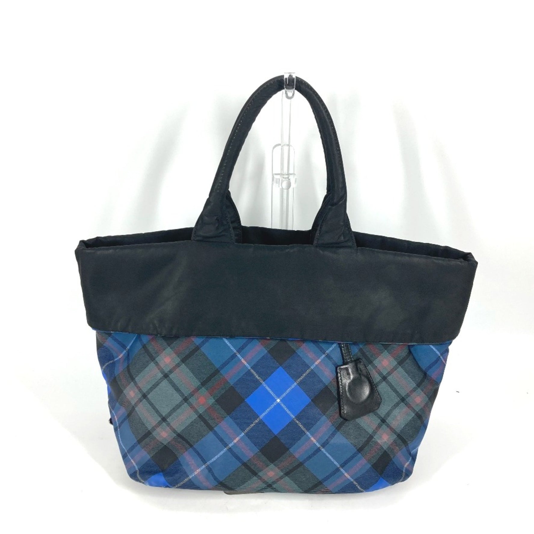 PRADA check Tote Bag Shoulder Bag Blue x Green