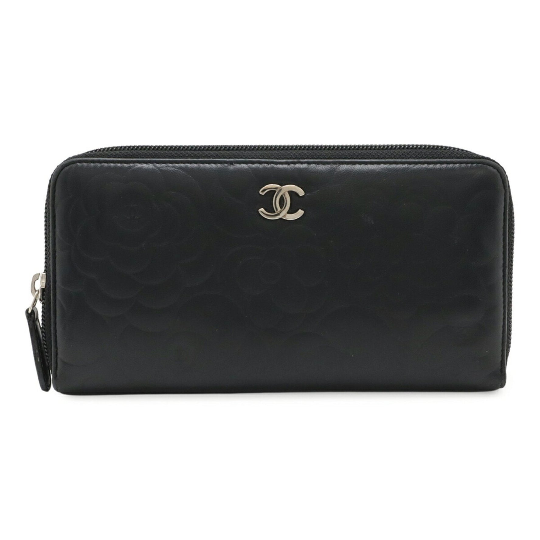 CHANEL Camellia Embossed Coco Mark Zip Wallet Round Long Lambskin Leather