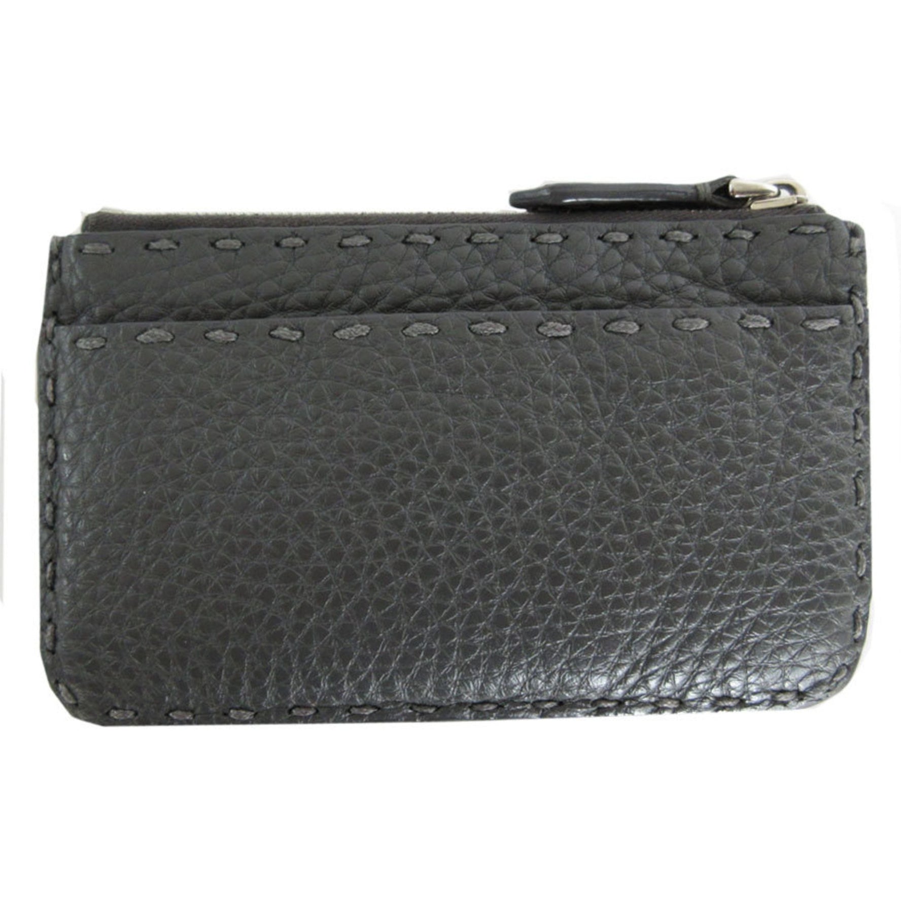 FENDI Wallet/Coin Case Selleria Leather Grey Silver
