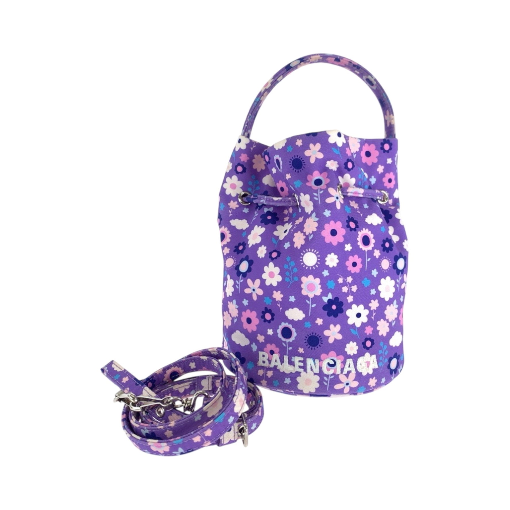 BALENCIAGA Drawstring Bucket Bag Flower Purple Multicolor Silver Hardware Ikat Nylon Canvas Shoulder Handbag