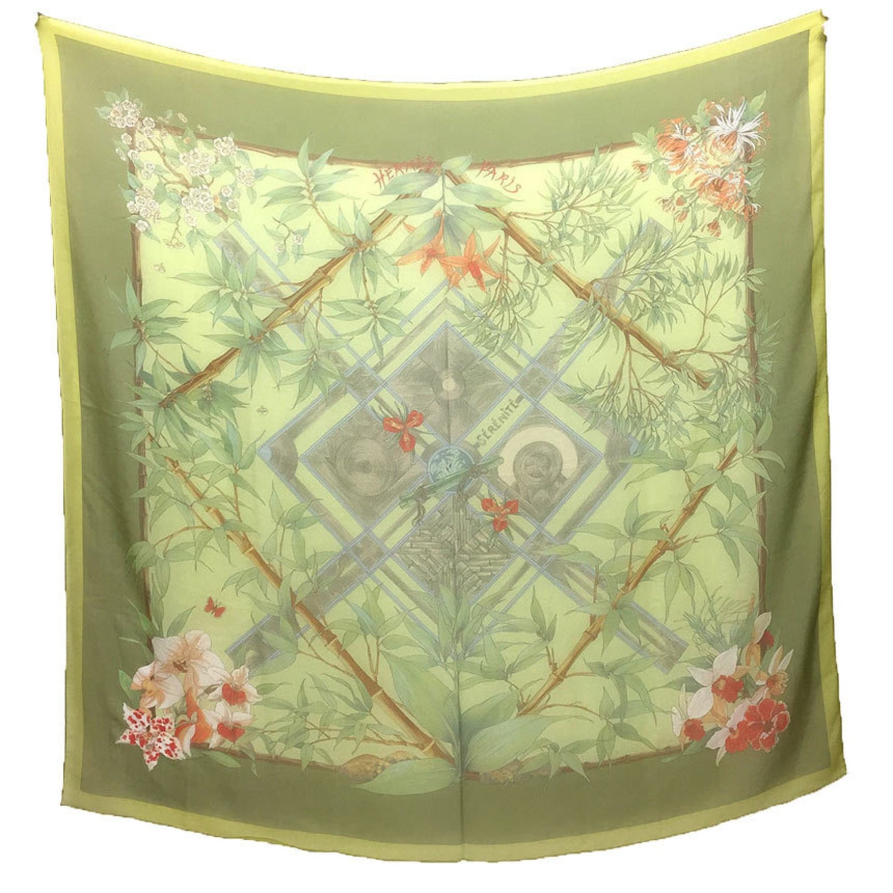 HERMES Shawl Carré 140 Scarf/Muffler, Silk Muslin, Serenite, Bamboo, 100% Silk