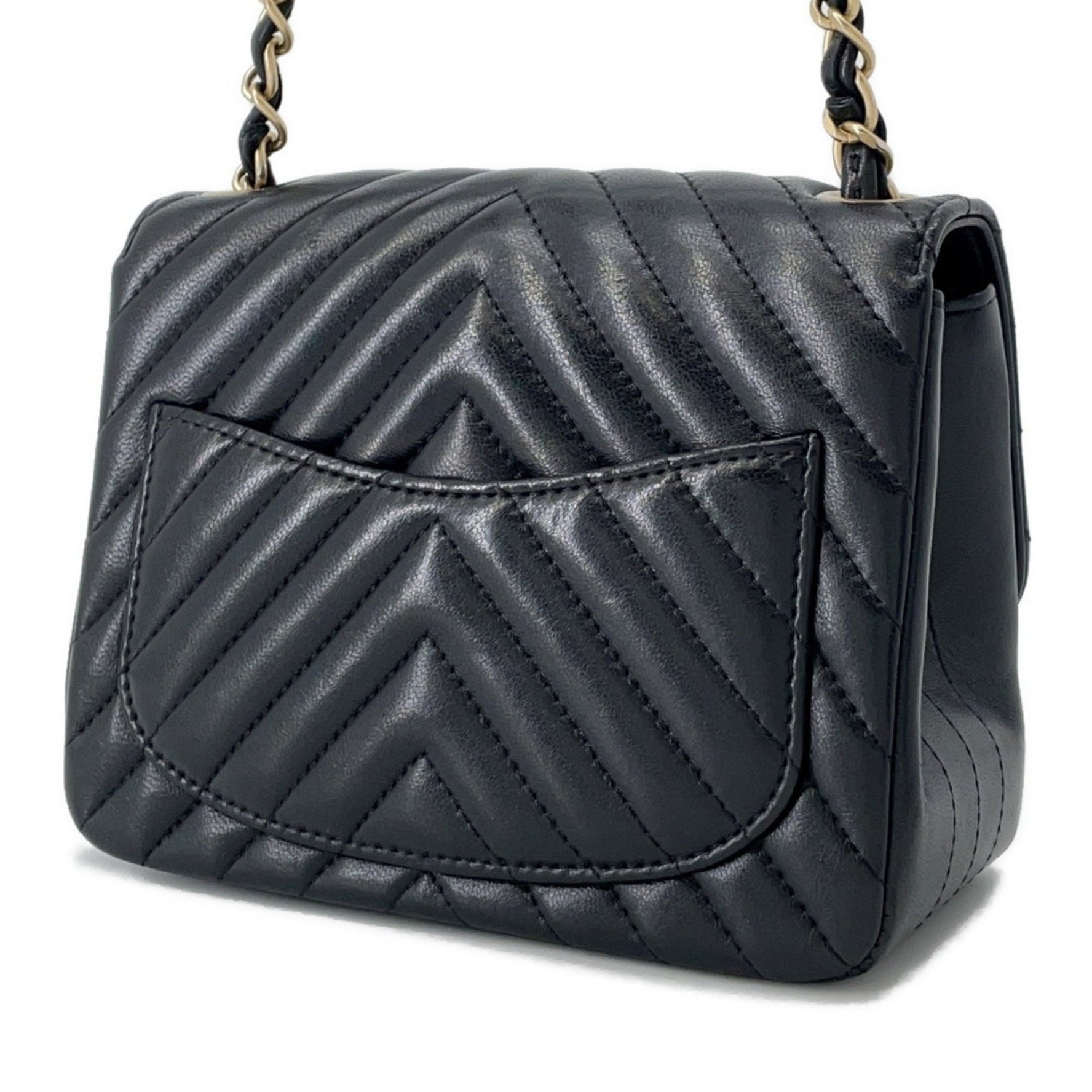 Chanel Chain Shoulder Bag with Chevron V-Stitching and Lambskin Leather