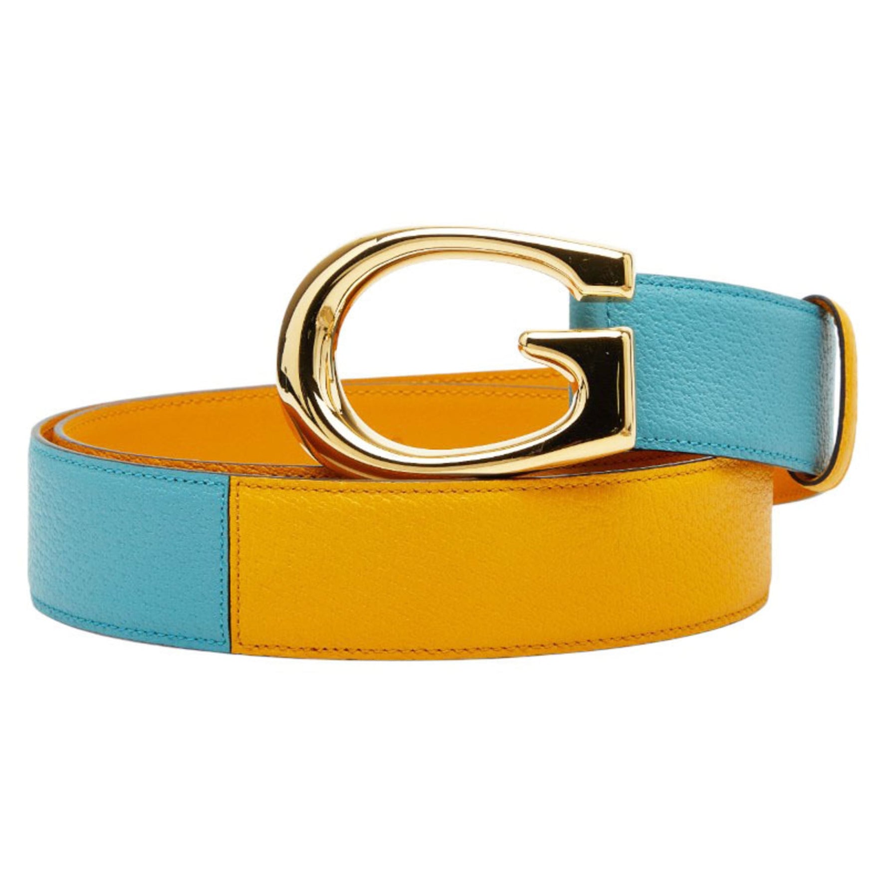 Gucci G Buckle Belt, Sizes 95 and 38, Yellow Blue Two-Tone Leather