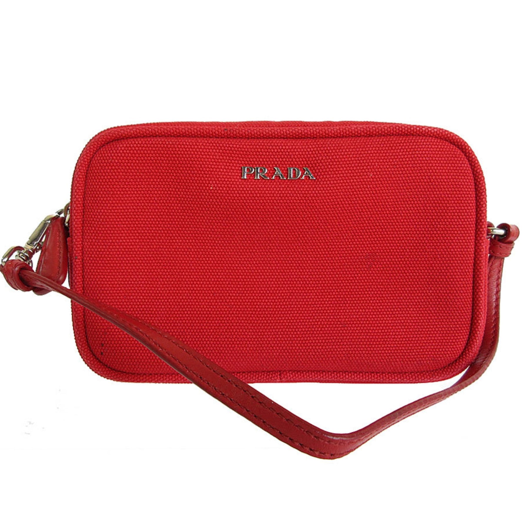 PRADA pouch canvas leather red silver