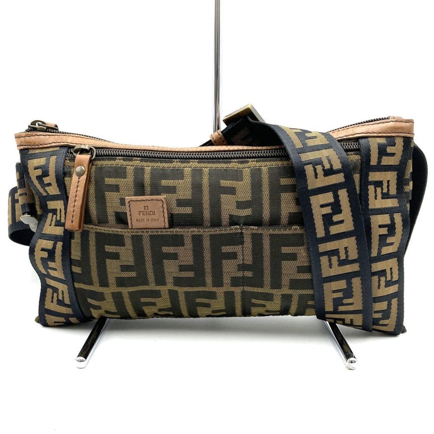 FENDI 2386 Waist Bag, Shoulder Body Zucca Nylon Canvas, Leather, and Men's