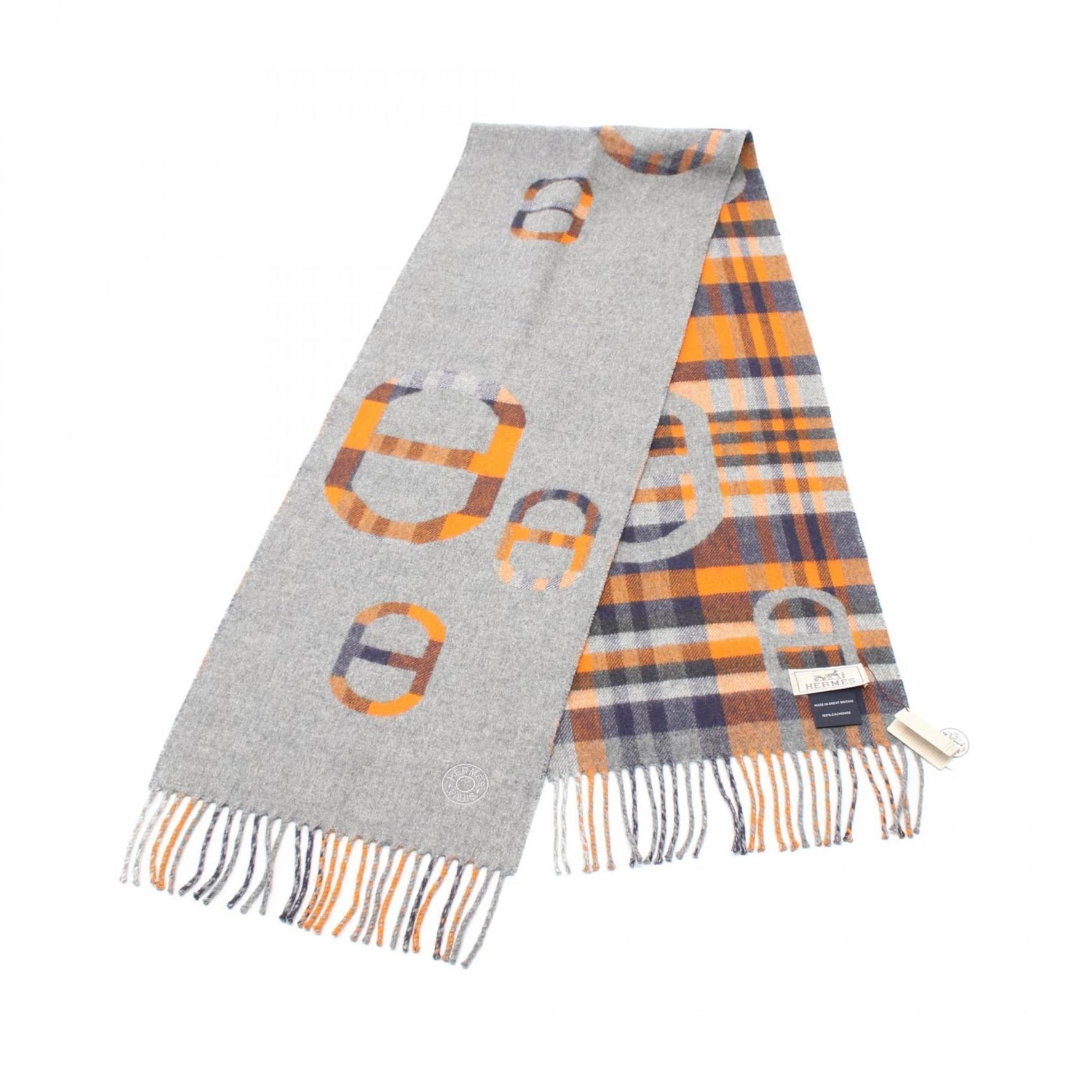 Hermes Tartan Maillon Scarf Clothing Cashmere Gray Navy Orange