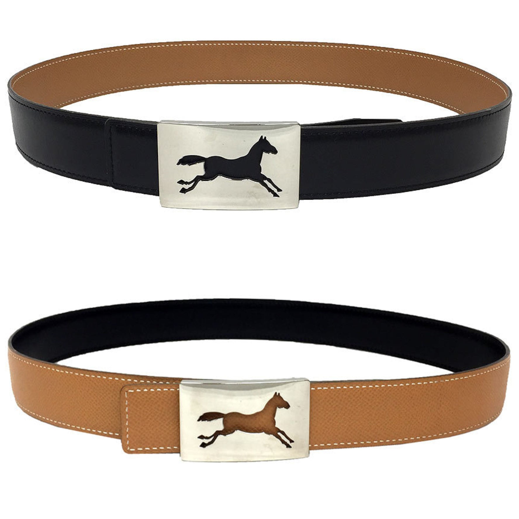 Hermes Hermès Leather Belt, Size 80, □A Stamp, Horse Buckle, Reversible, Black/Light Brown, Silver Box Calf/Veau Epsom