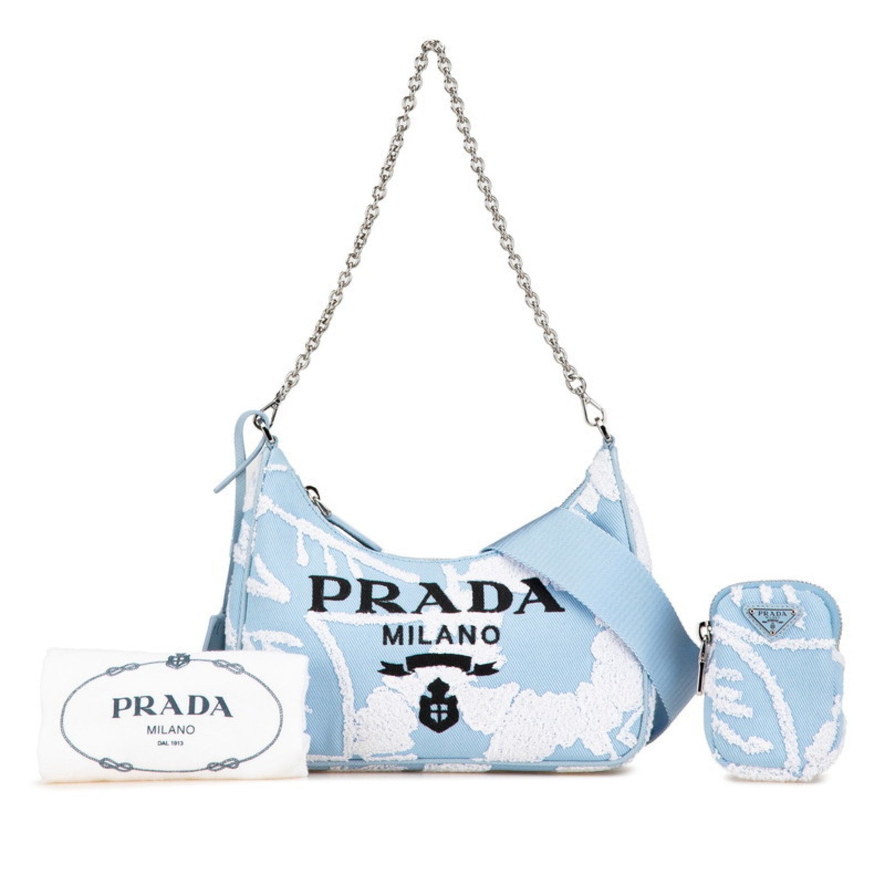 Prada Re-Edition 2000 Embroidered Mini Chain Handbag/Shoulder Bag, Light Blue Canvas