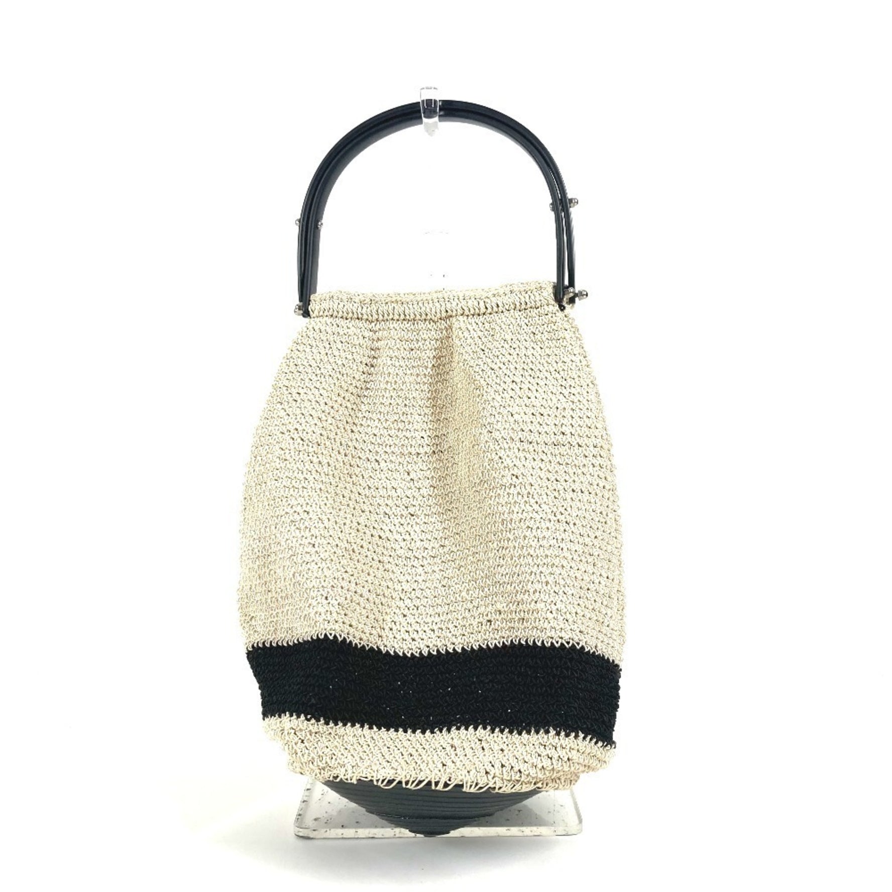 CHANEL Logo Mesh Plastic Handle Bag Handbag Canvas Beige