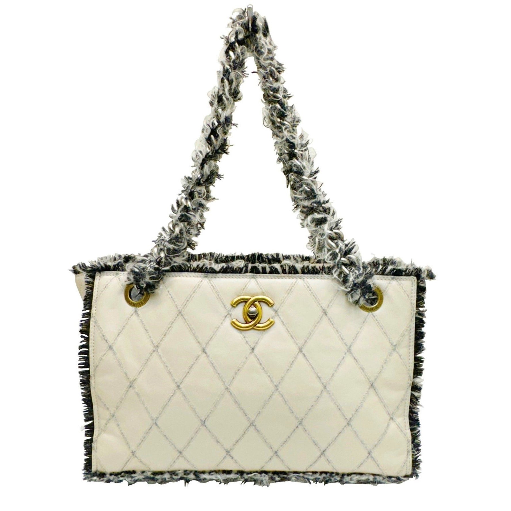 CHANEL Coco Mark Matelasse Chain Tote 15 Series Tweed Leather Bag Beige Black