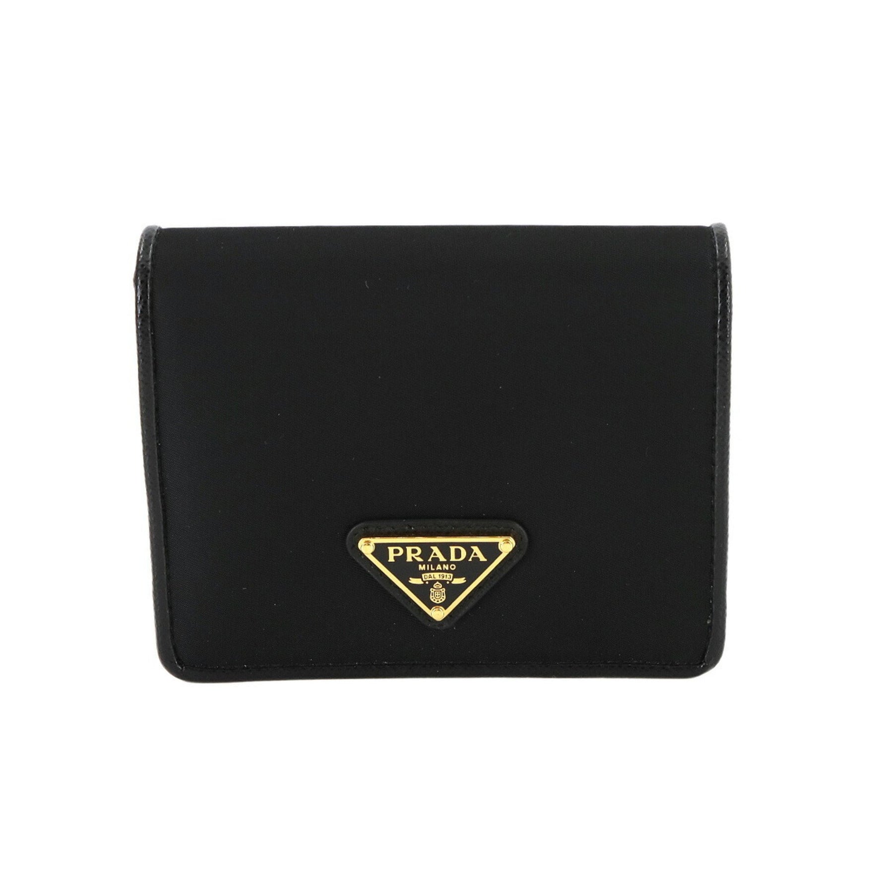 Prada Compact Bi-fold Wallet in Black Saffiano Leather and Nylon with Gold Hardware (1MV204)