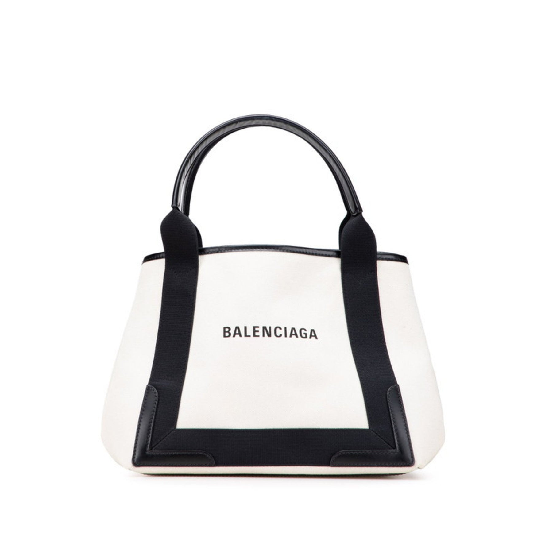 Balenciaga Navy Cabas Handbag Tote Bag Beige Black Canvas Leather