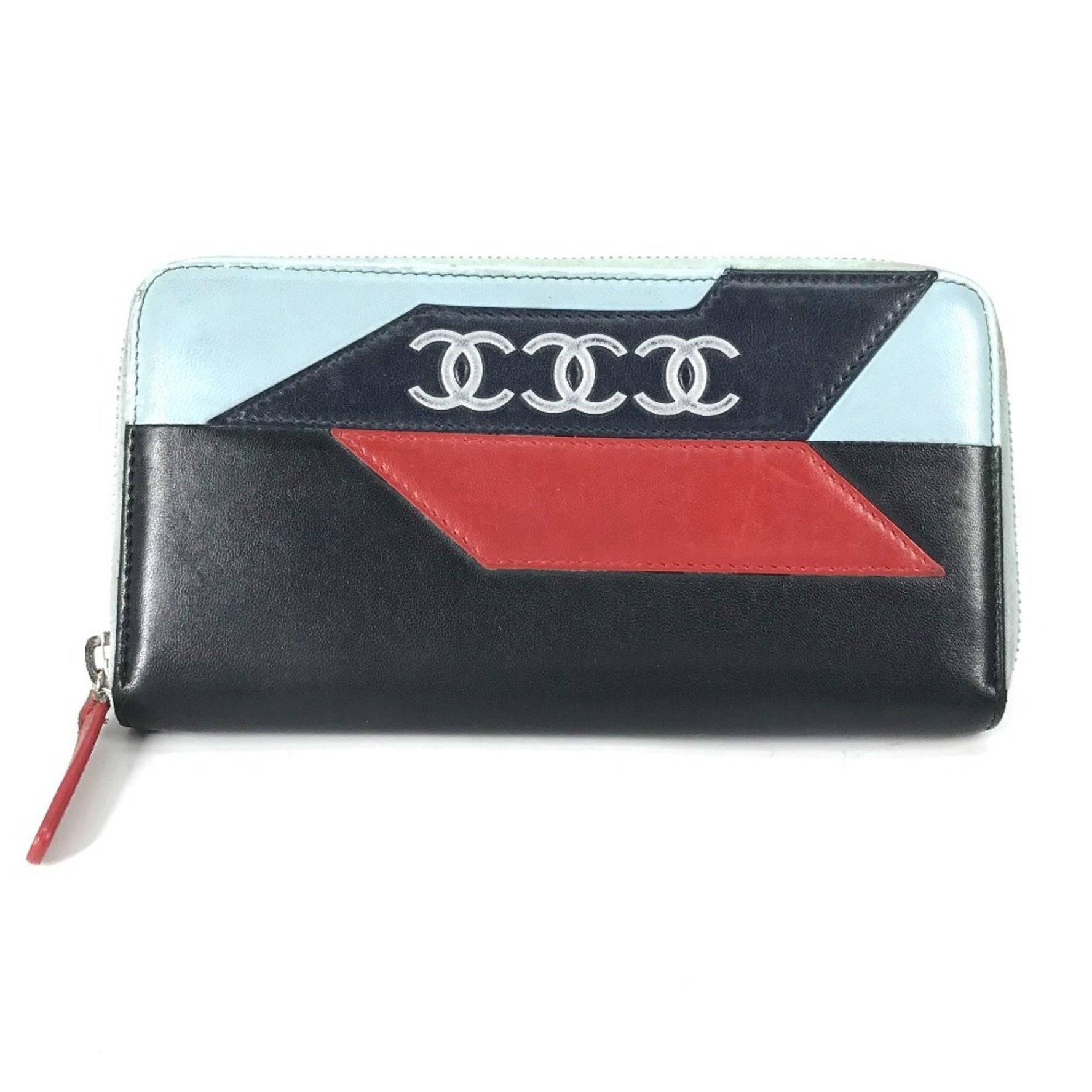 CHANEL Airline Triple Coco Round Zip Long Wallet Leather Black