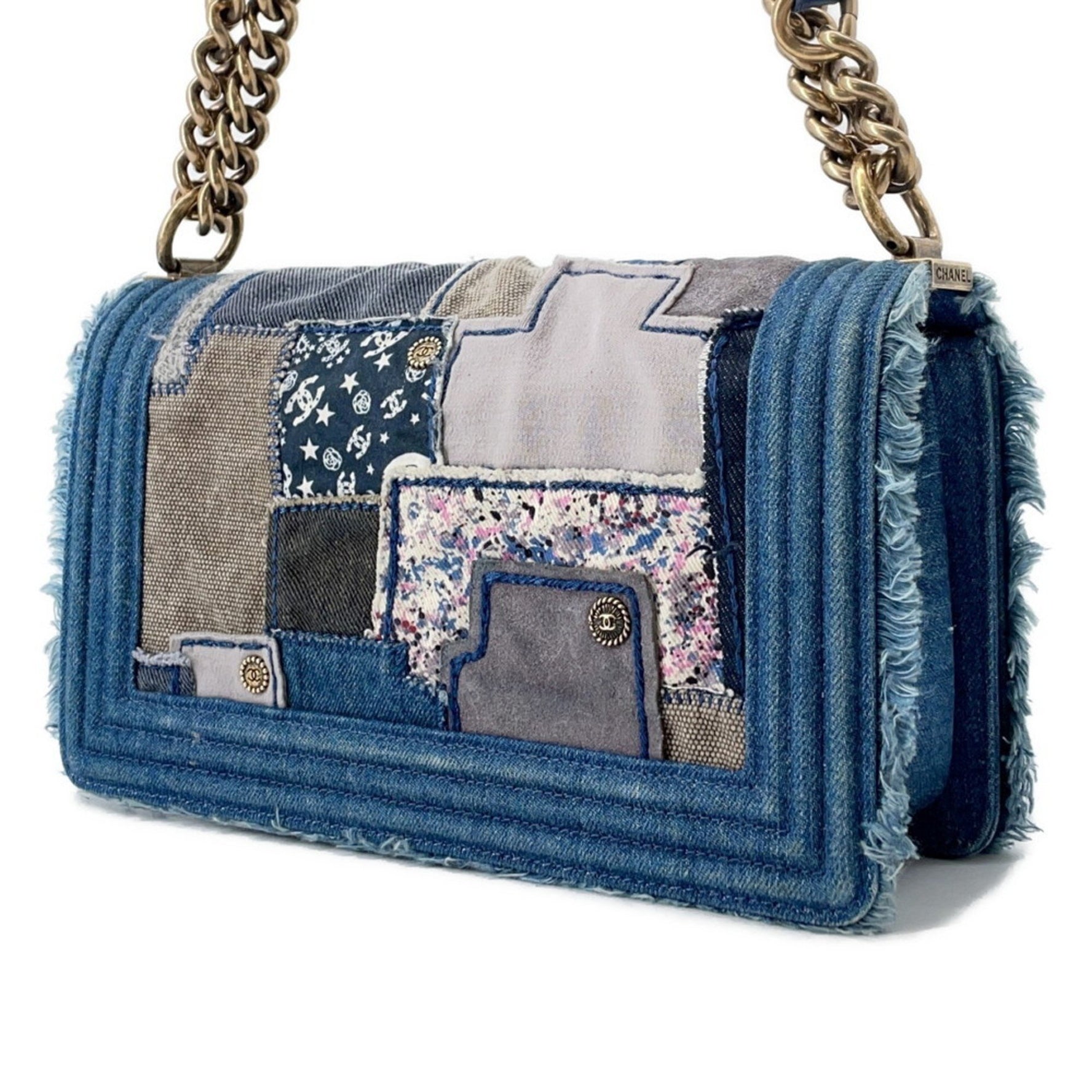 CHANEL BOY Chain Shoulder Bag with Coco Mark and Patchwork Denim
