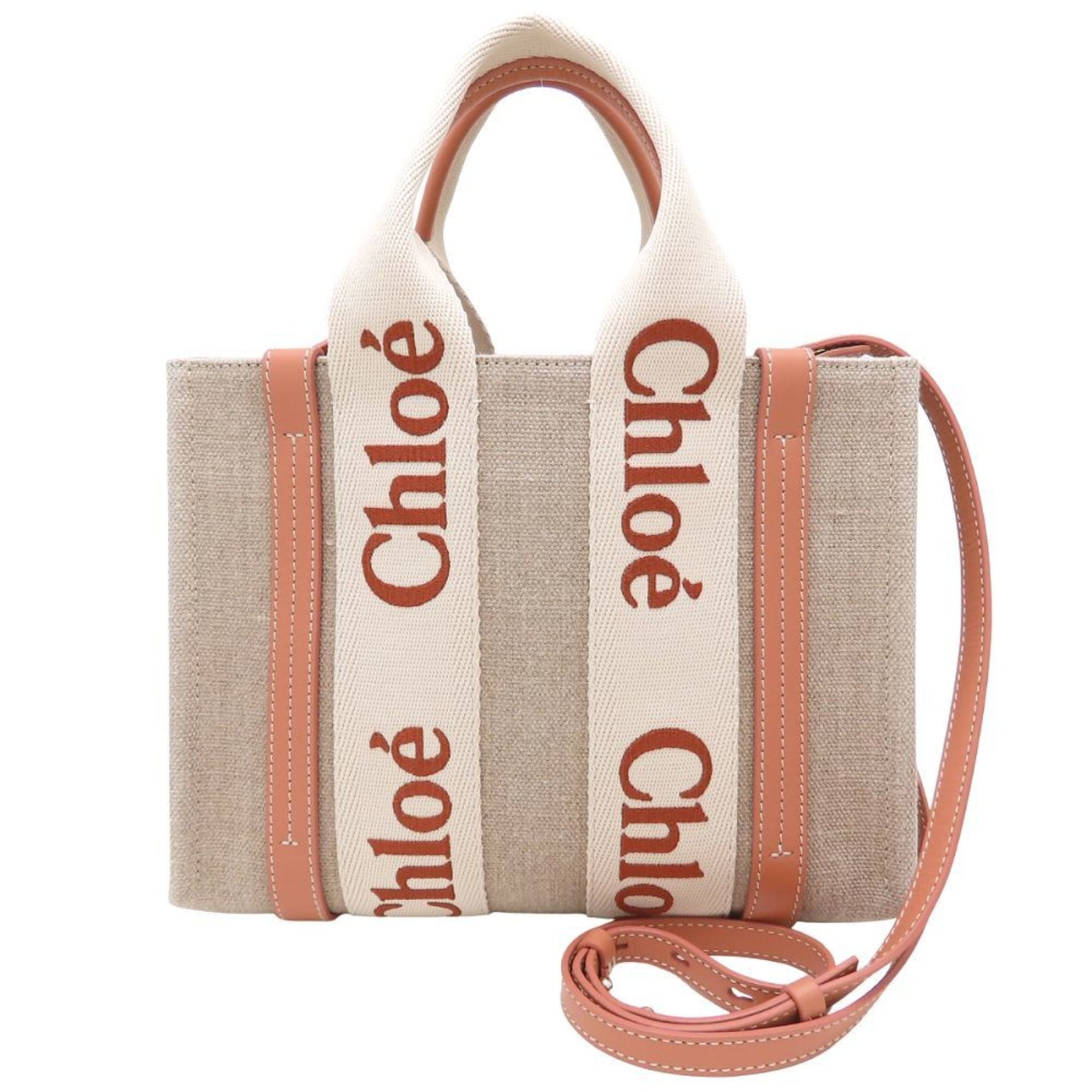 Chloé Chloe Woody Small Tote Handbag in Linen and Calfskin, Wooden