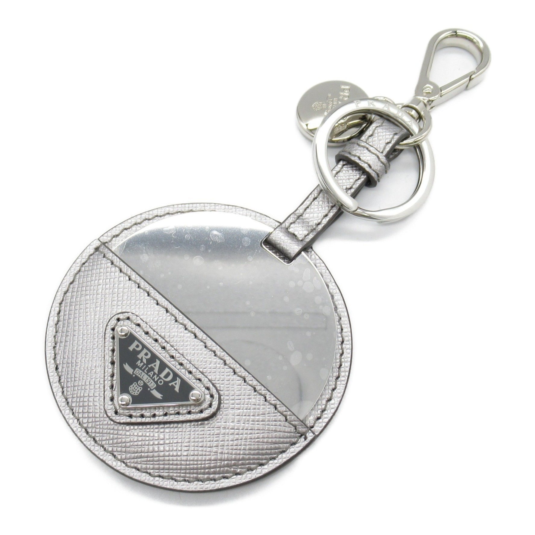 PRADA Key Ring, Saffiano Leather, Silver Plated, Women's,