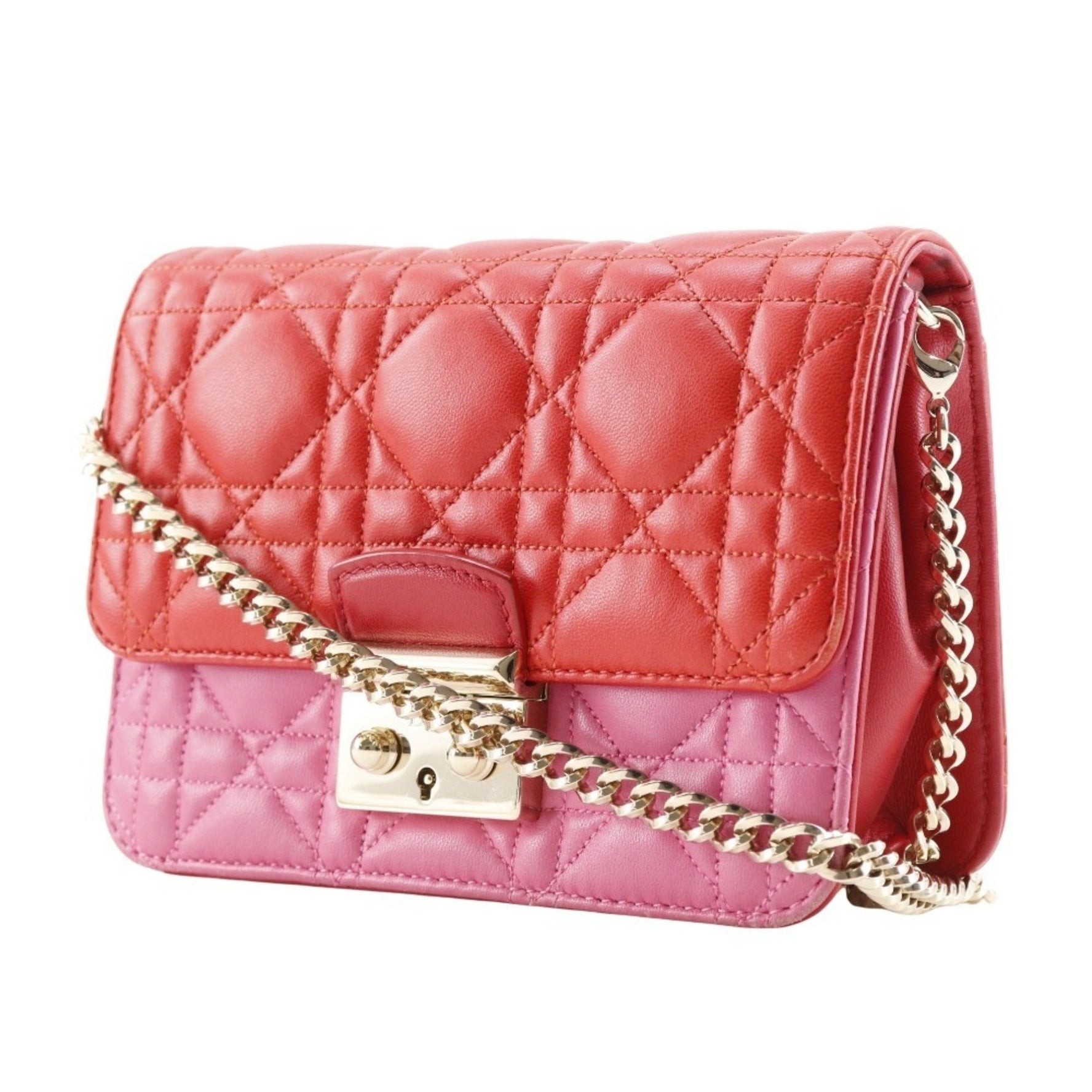 Christian Dior Chain Shoulder Bag Cannage Clutch Lambskin Red/Pink Flap ChainShoulder