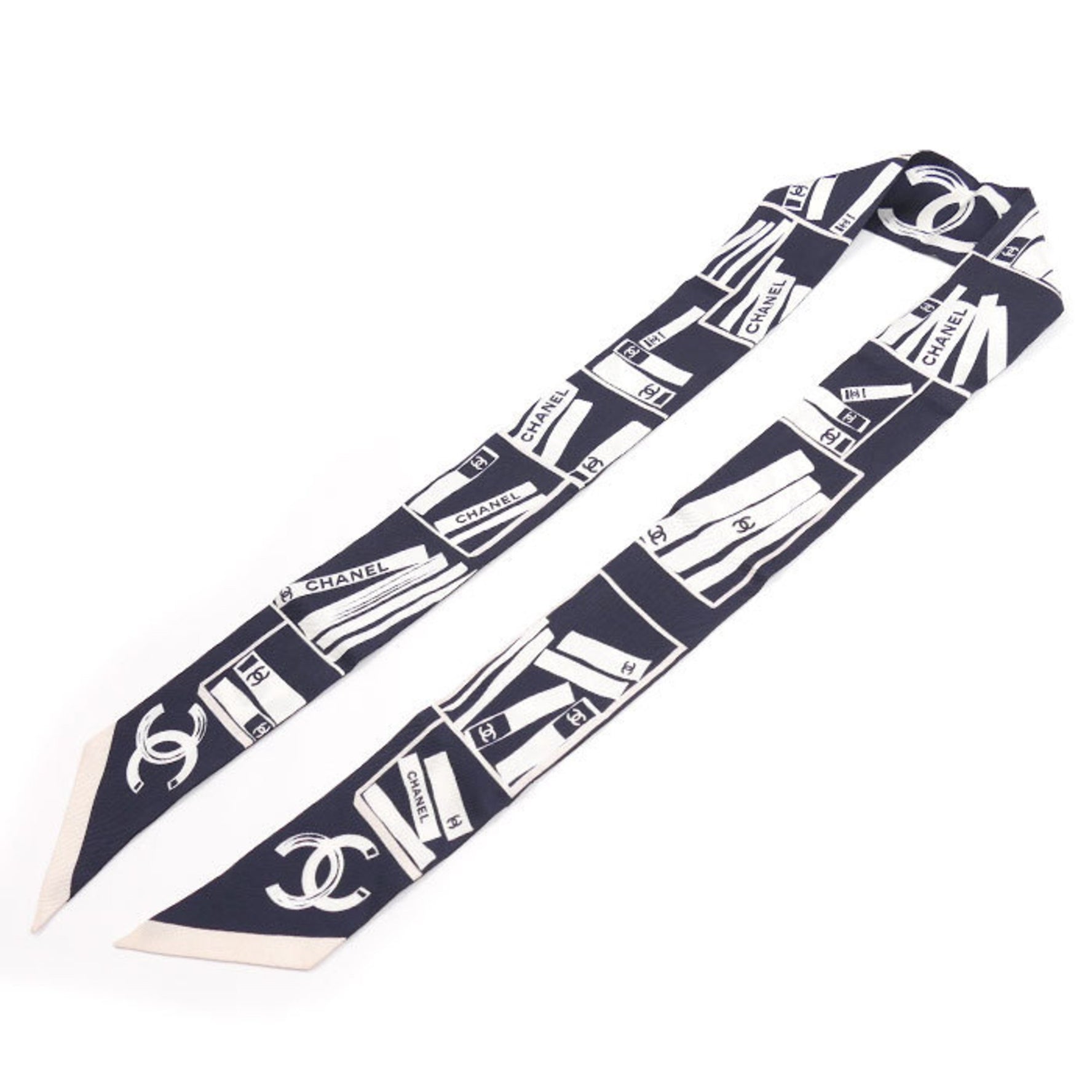 CHANEL Coco Mark Camellia Scarf Muffler Navy/White/Pink Hairband