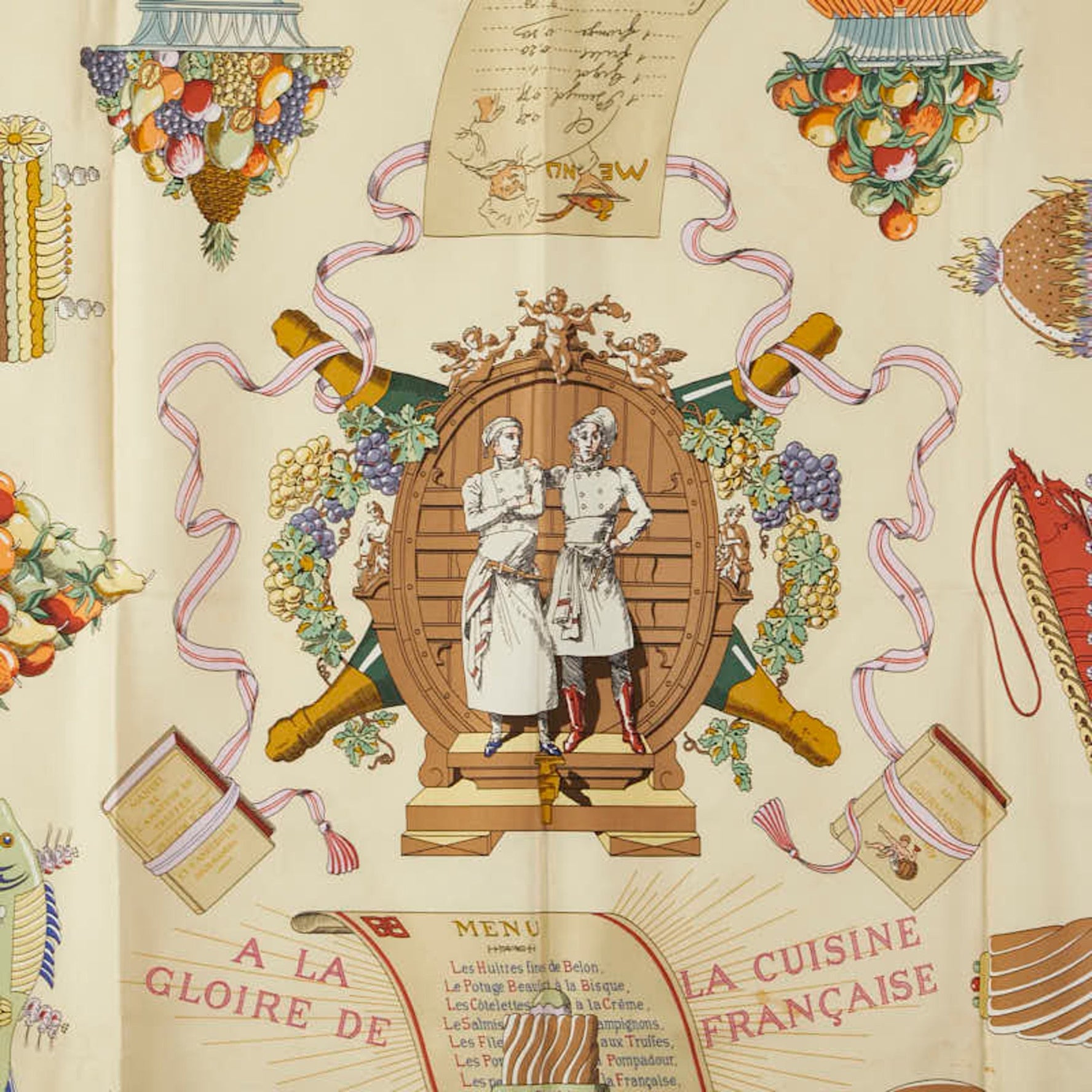 Hermes Hermès Carré 90 "A LA GLOIRE DE CUISINE FRANCAISE" Scarf Celebrating French Cuisine, Blue, Beige, Multicolor Silk