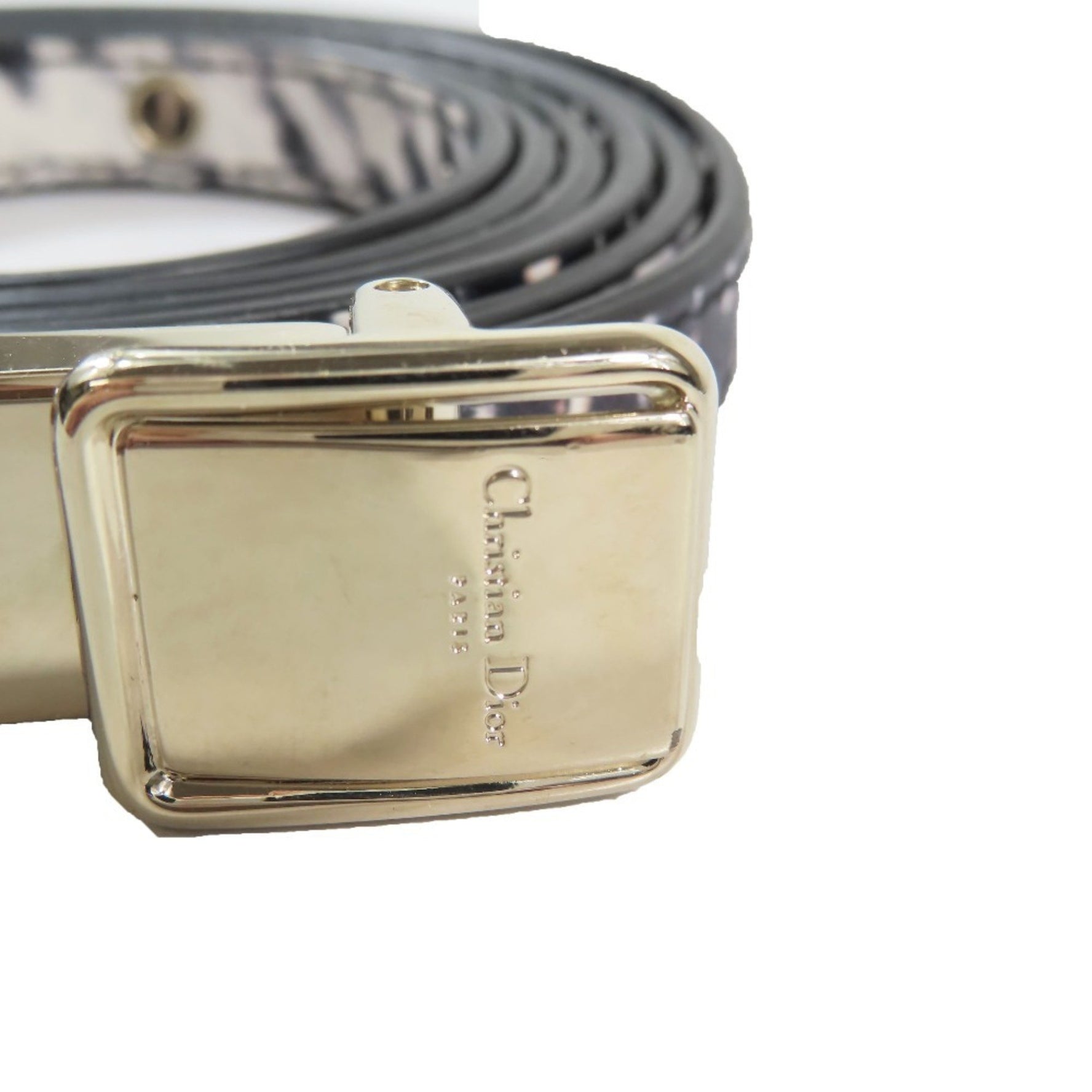 Christian Dior Leather Gold Hardware Logo Buckle Animal Print Narrow Belt All-over Pattern Black White