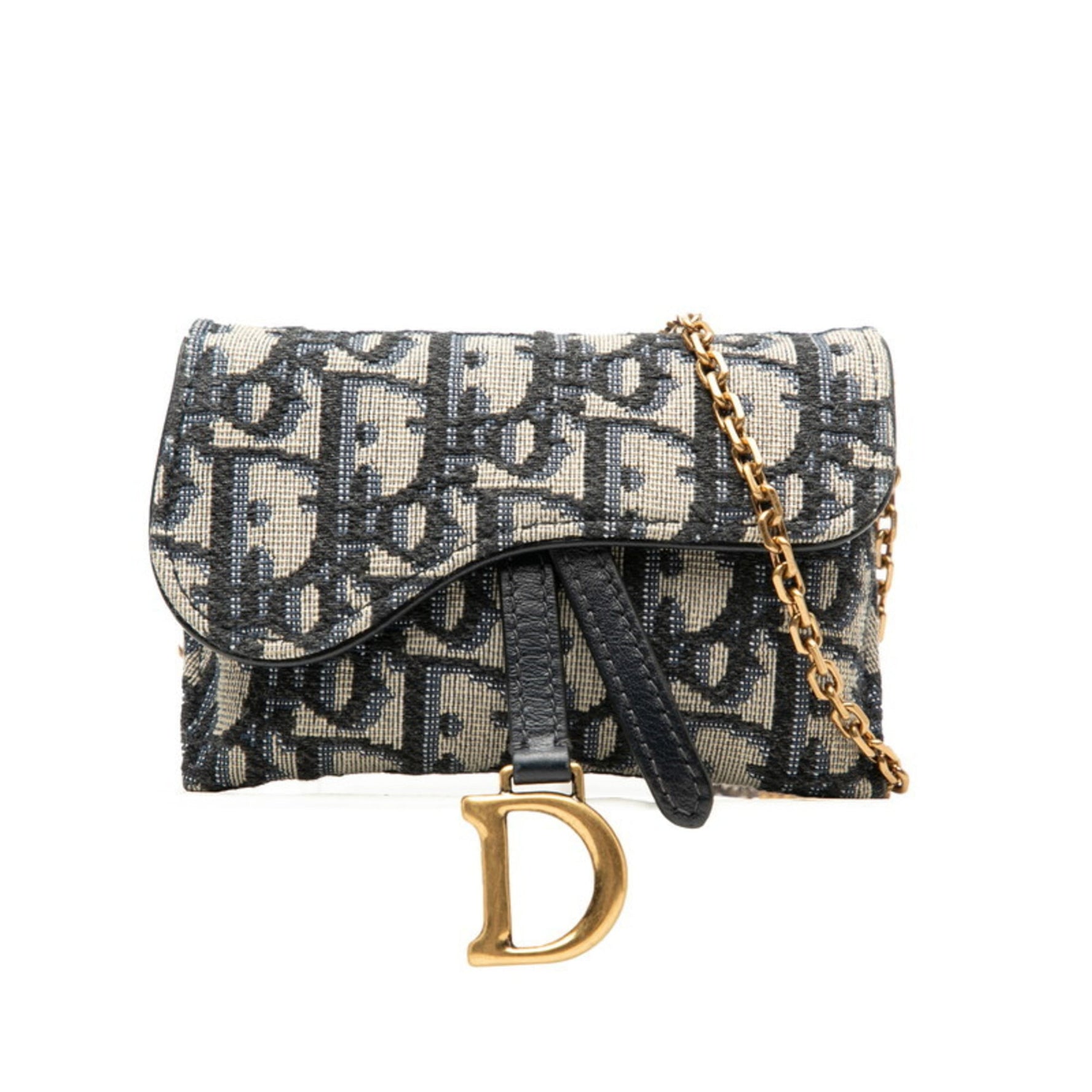 Christian Dior Dior Trotter Saddle Nano Pouch Chain Shoulder Bag in Navy and Beige Canvas