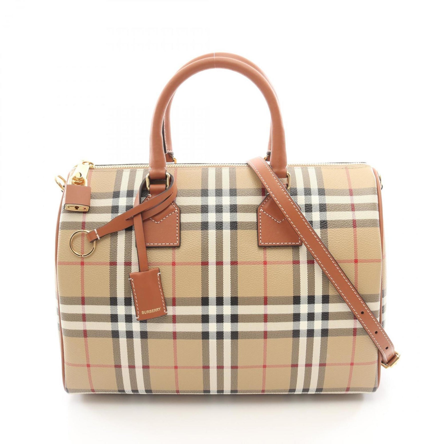 Burberry Check Handbag Leather Coated Canvas Beige Brown