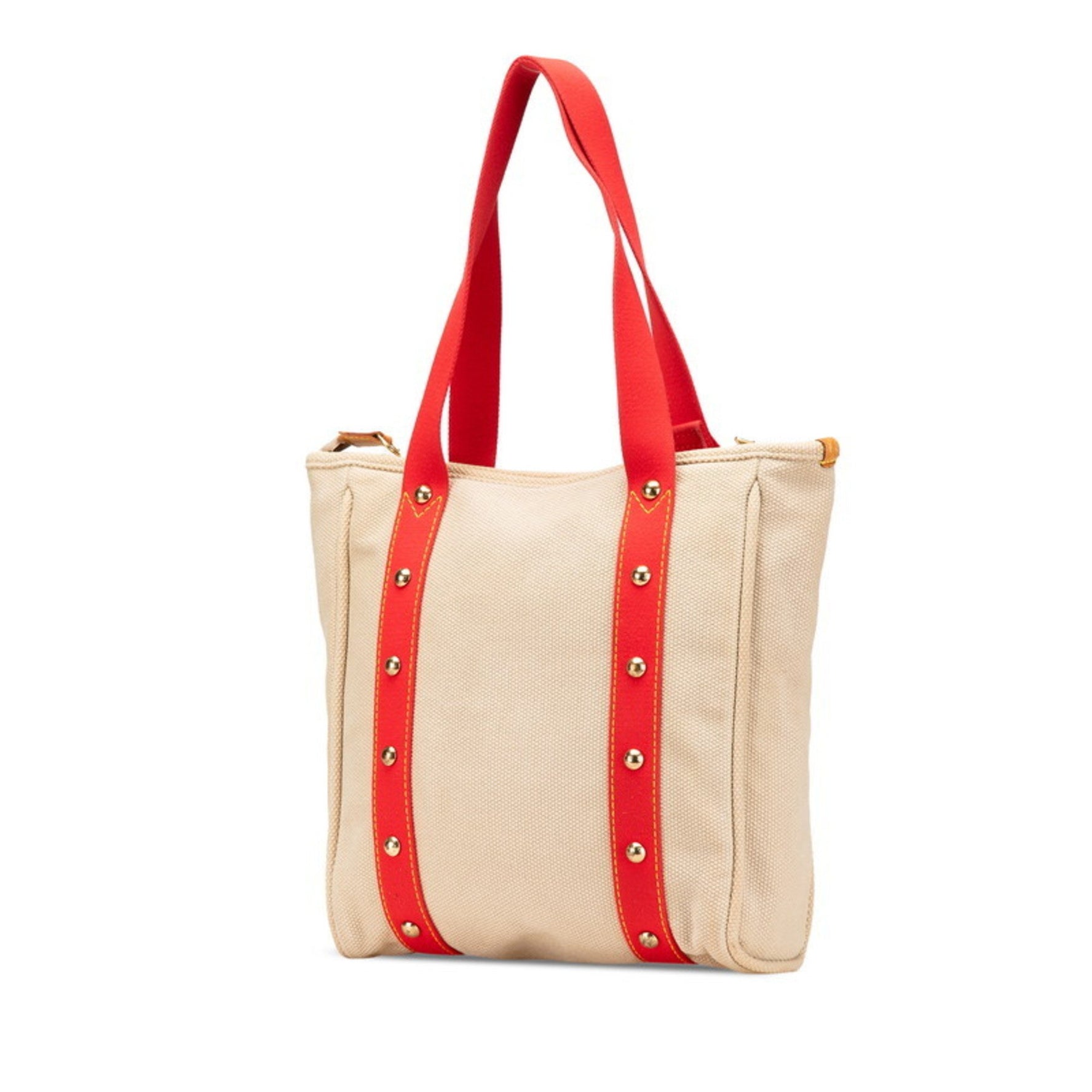 Louis Vuitton Antigua Cabas MM Tote Bag Shoulder Red Beige Canvas Leather
