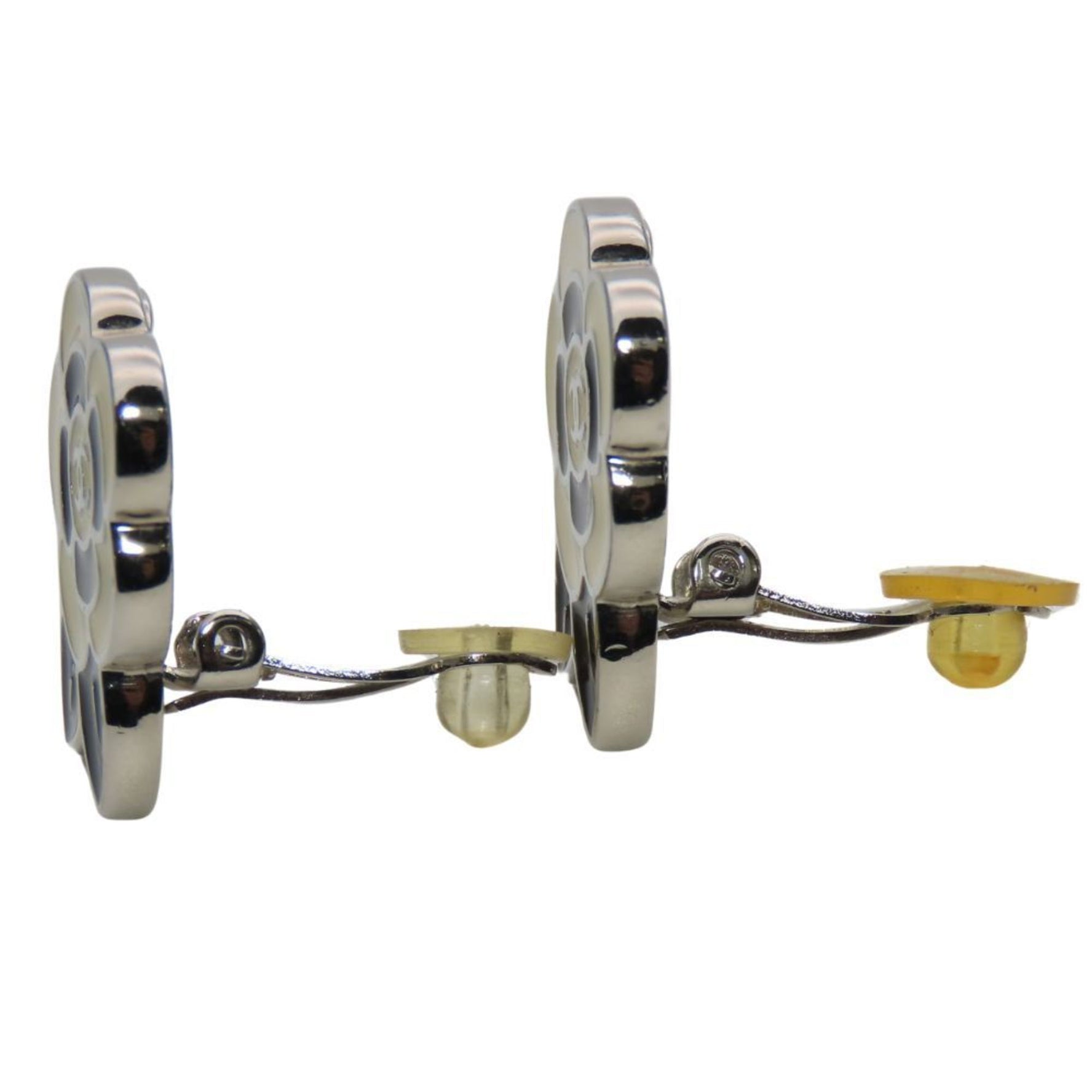 Chanel Earrings Coco Mark Metal Silver Black Cream Camellia