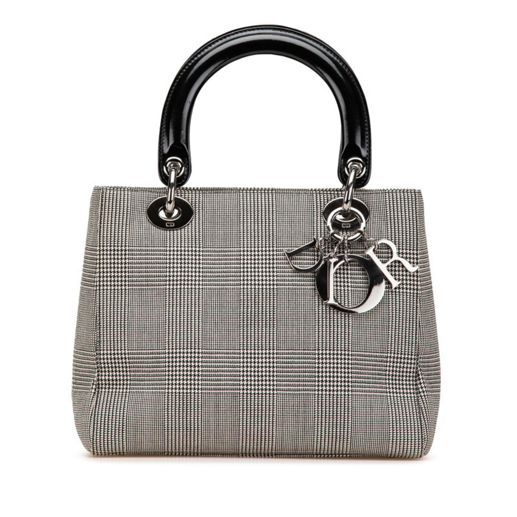 Christian Dior Dior Lady Houndstooth Handbag Black White Canvas Leather