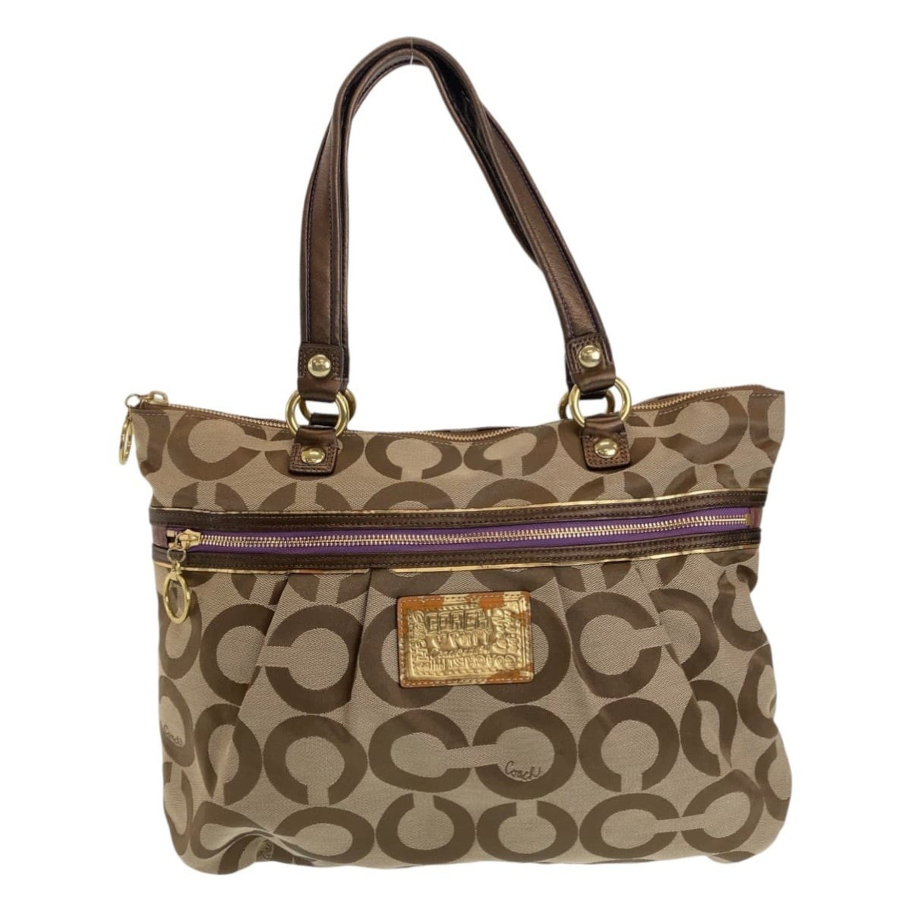 COACH Op Art Beige Purple Gold Hardware Canvas Tote Bag Shoulder